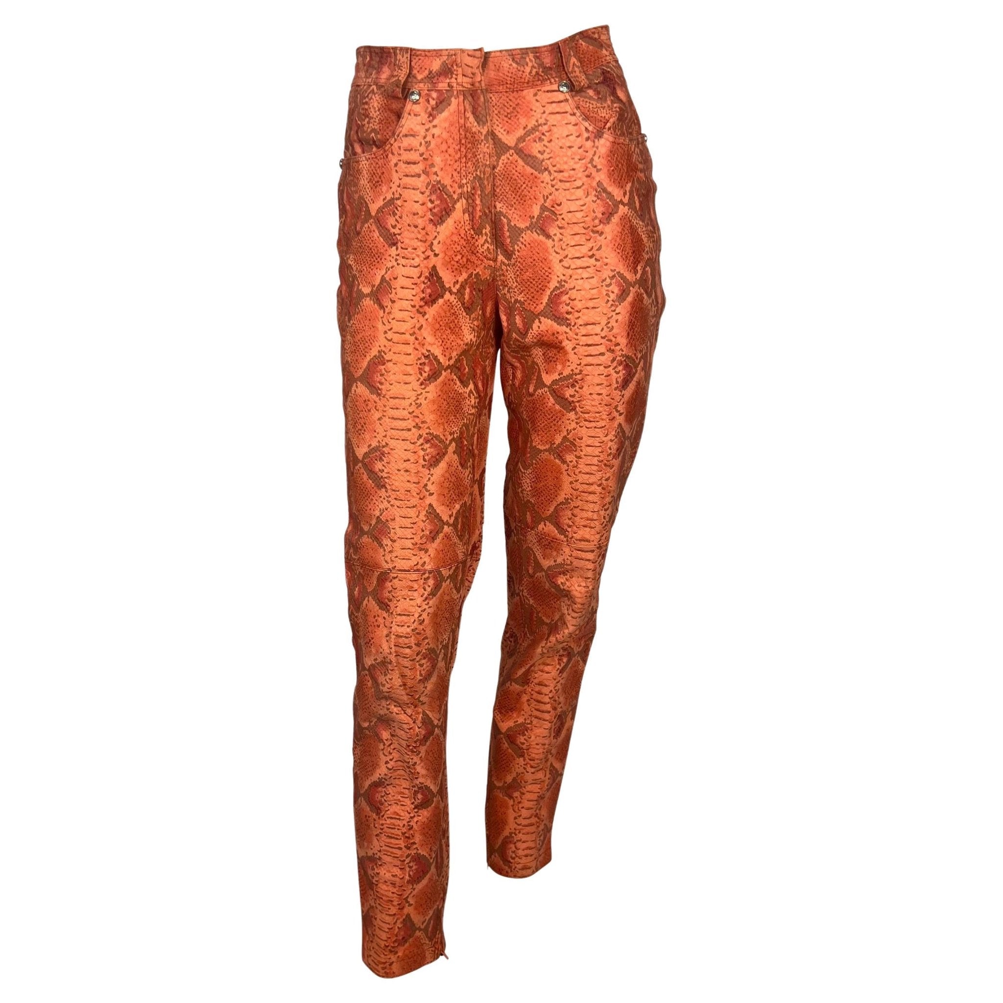 F/W 1994 Gianni Versace Orange Red Faux Snakeskin Medusa Biker Jacket Pant Set - RealList