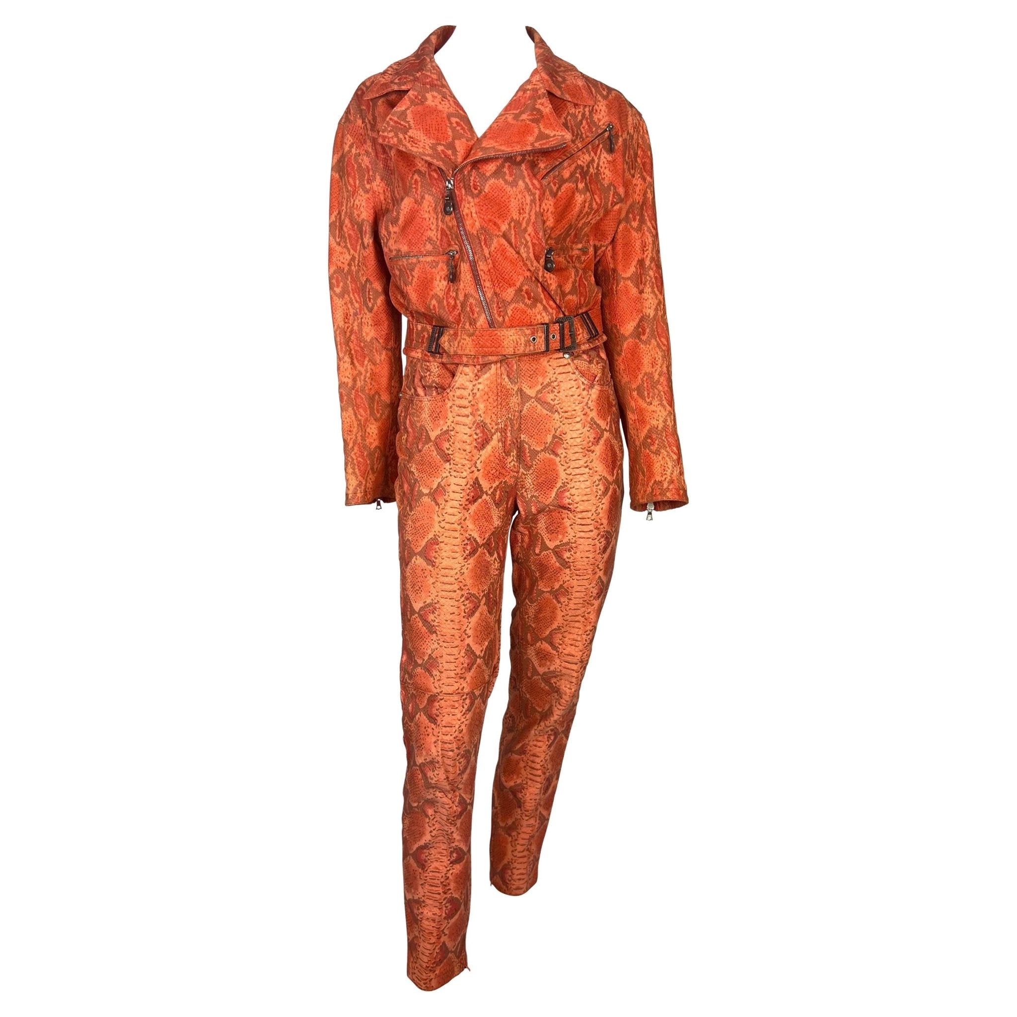 F/W 1994 Gianni Versace Orange Red Faux Snakeskin Medusa Biker Jacket Pant Set - RealList