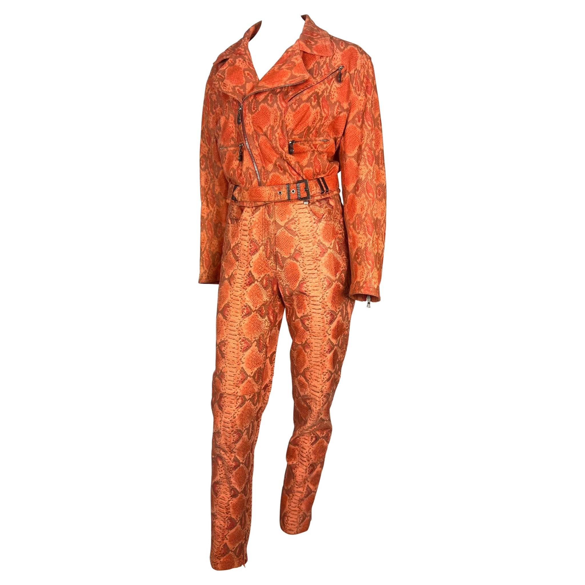 F/W 1994 Gianni Versace Orange Red Faux Snakeskin Medusa Biker Jacket Pant Set - RealList