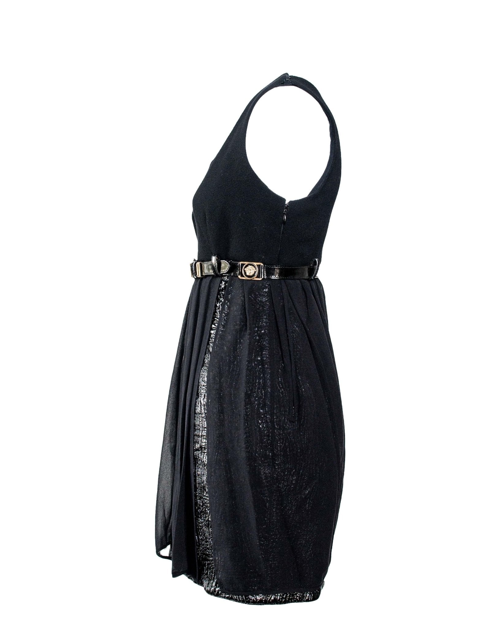 F/W 1994 Gianni Versace Patent Leather and Chiffon Mini Dress with Medusa Belt - RealList