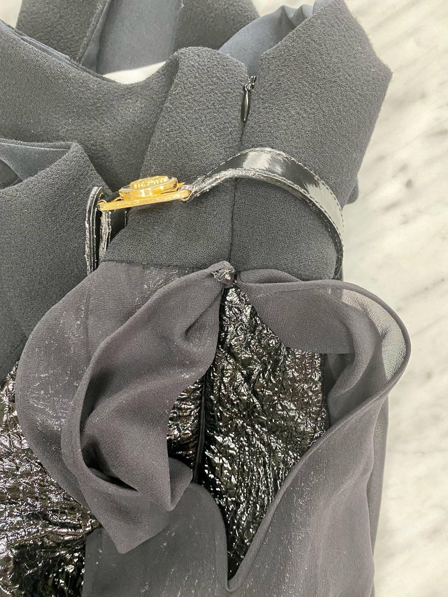 F/W 1994 Gianni Versace Patent Leather and Chiffon Mini Dress with Medusa Belt - RealList