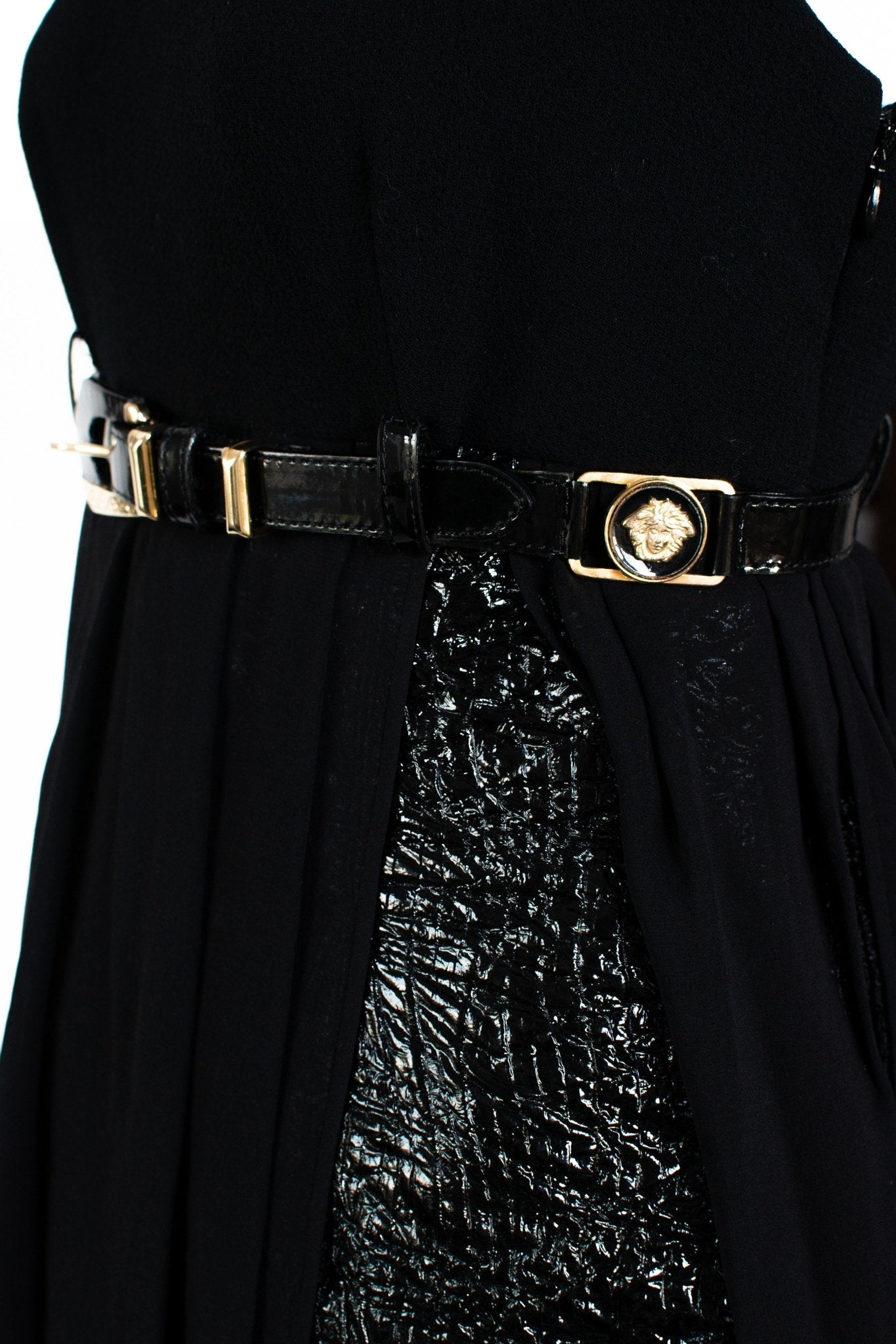 F/W 1994 Gianni Versace Patent Leather and Chiffon Mini Dress with Medusa Belt - RealList