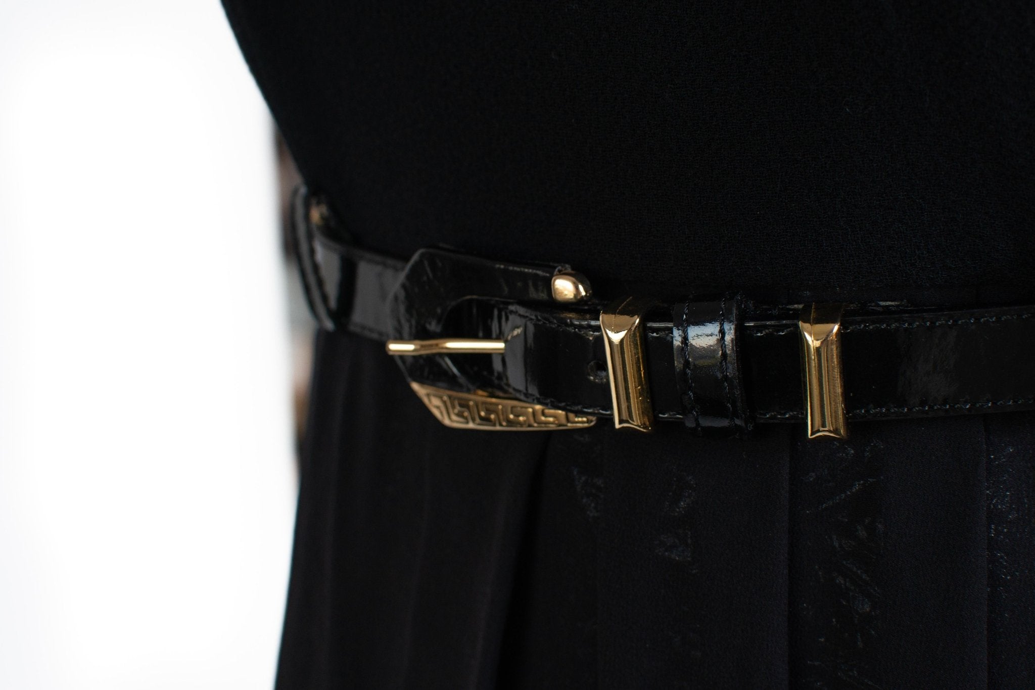 F/W 1994 Gianni Versace Patent Leather and Chiffon Mini Dress with Medusa Belt - RealList