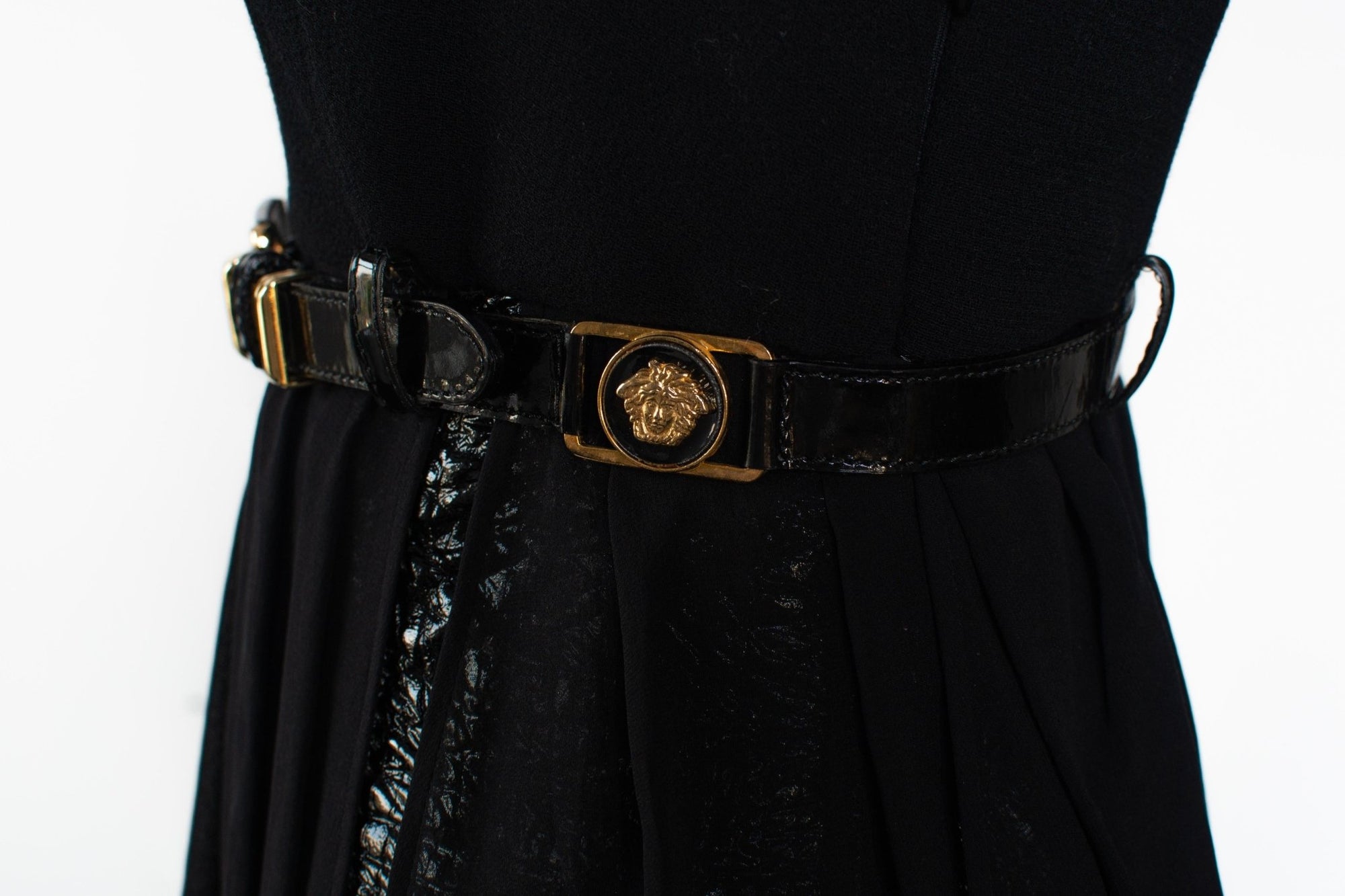 F/W 1994 Gianni Versace Patent Leather and Chiffon Mini Dress with Medusa Belt - RealList