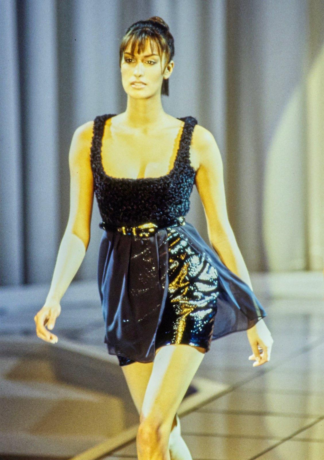 F/W 1994 Gianni Versace Patent Leather and Chiffon Mini Dress with Medusa Belt - RealList