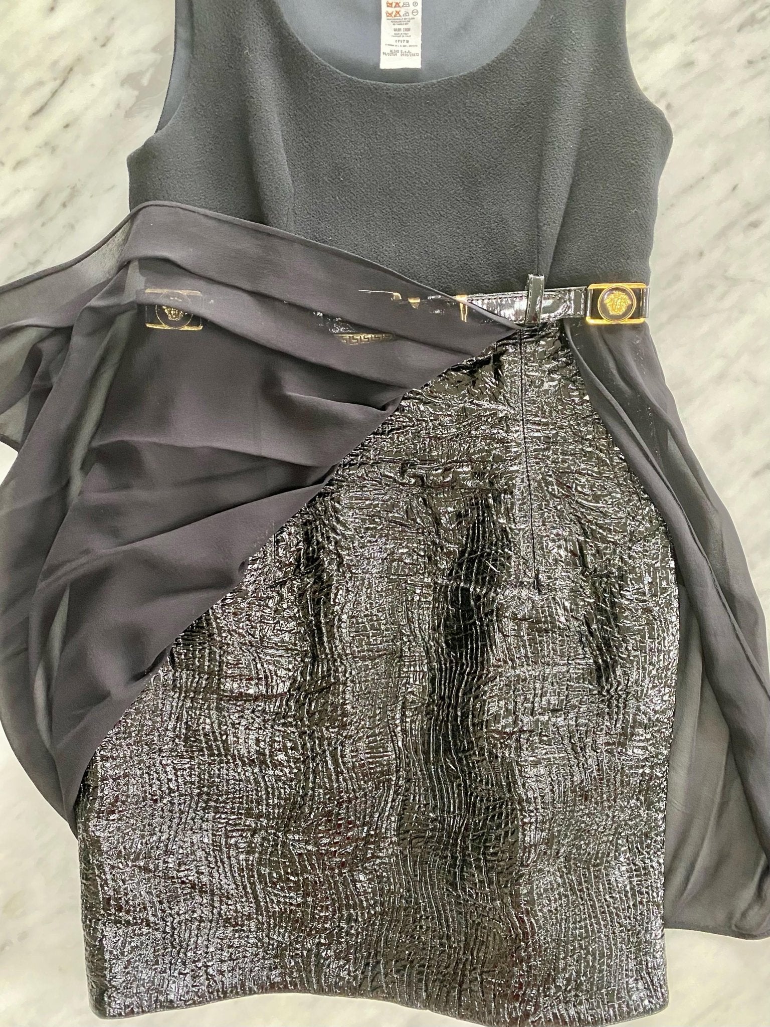 F/W 1994 Gianni Versace Patent Leather and Chiffon Mini Dress with Medusa Belt - RealList