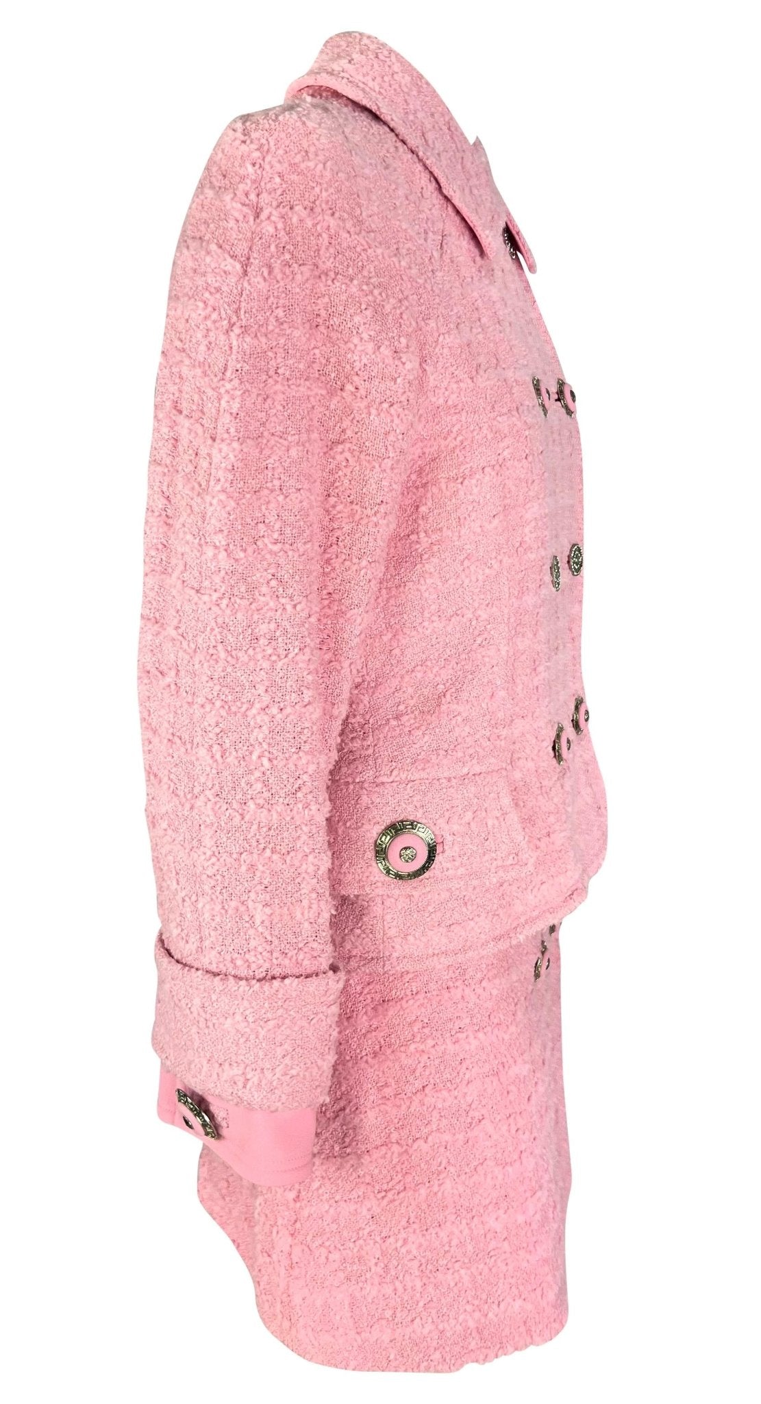 F/W 1994 Gianni Versace Runway Ad Pink Tweed Rhinestone Medusa Skirt Suit - RealList