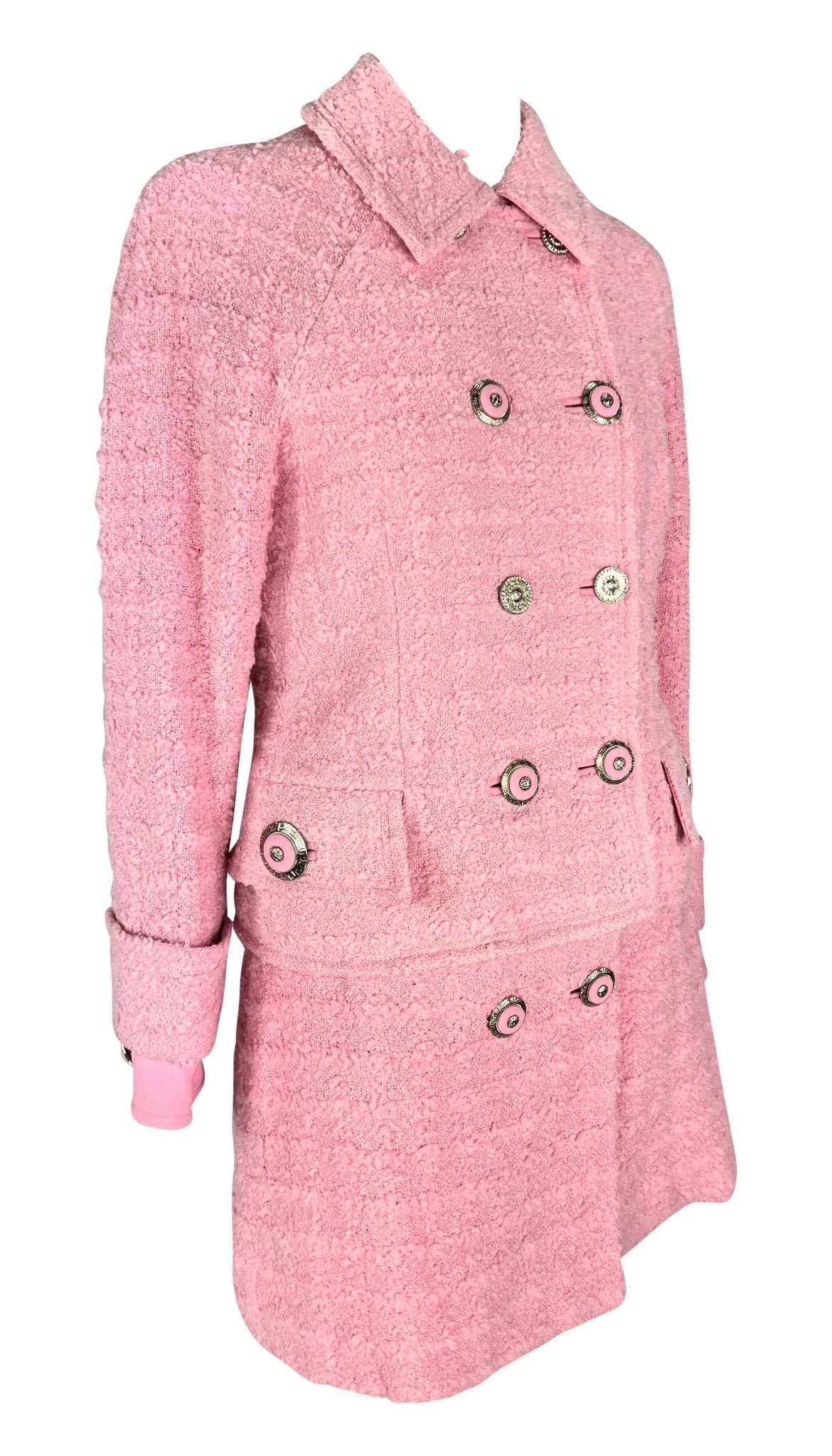 F/W 1994 Gianni Versace Runway Ad Pink Tweed Rhinestone Medusa Skirt Suit - RealList