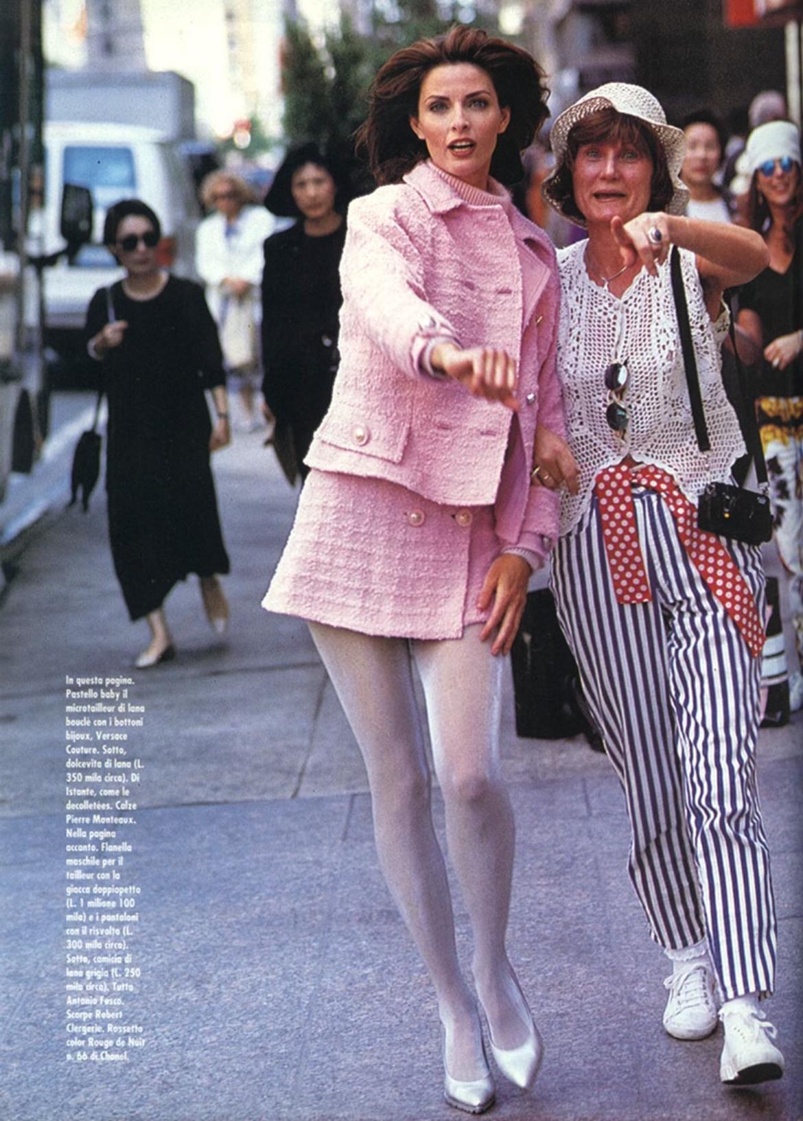 F/W 1994 Gianni Versace Runway Ad Pink Tweed Rhinestone Medusa Skirt Suit - RealList