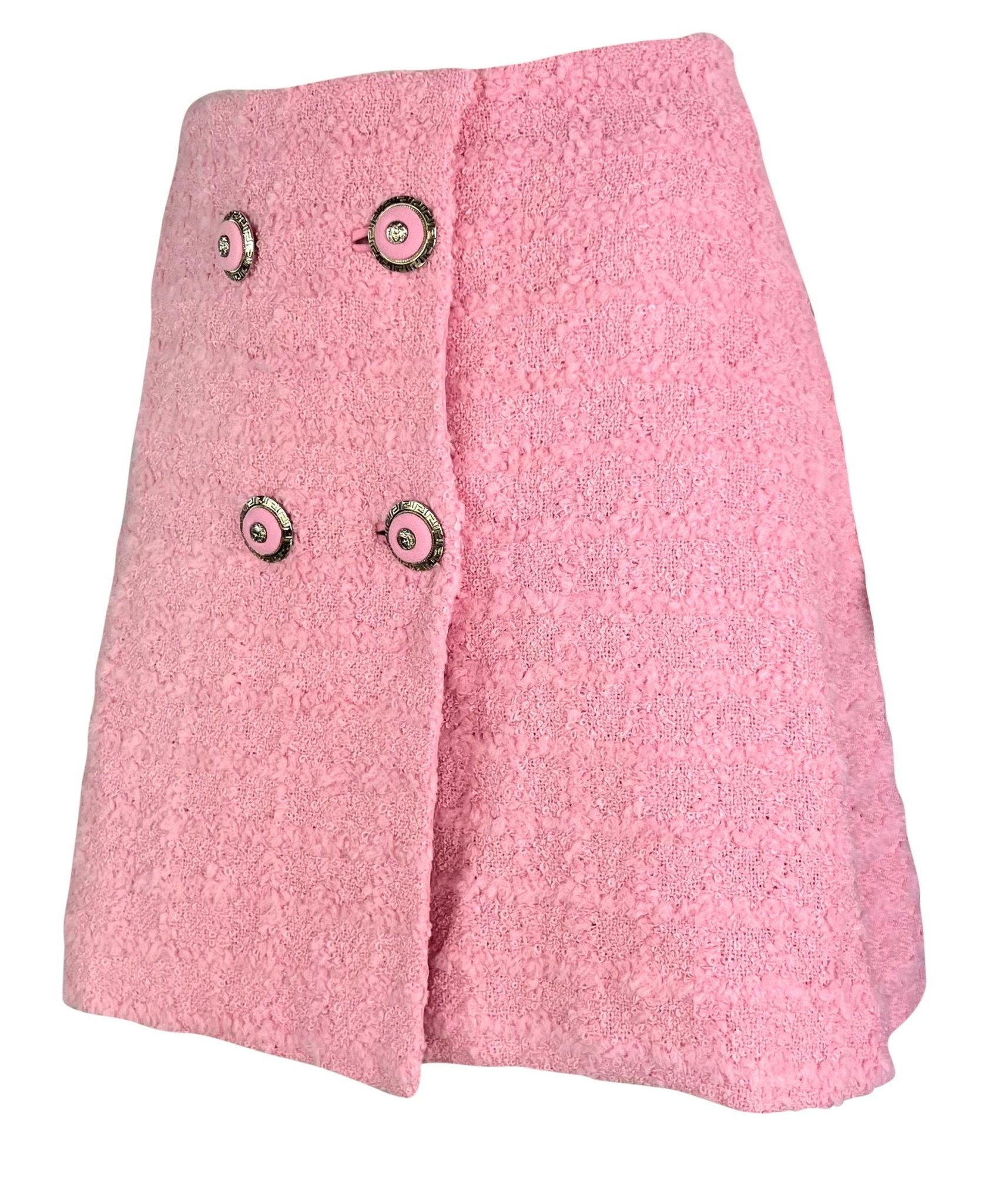 F/W 1994 Gianni Versace Runway Ad Pink Tweed Rhinestone Medusa Skirt Suit - RealList