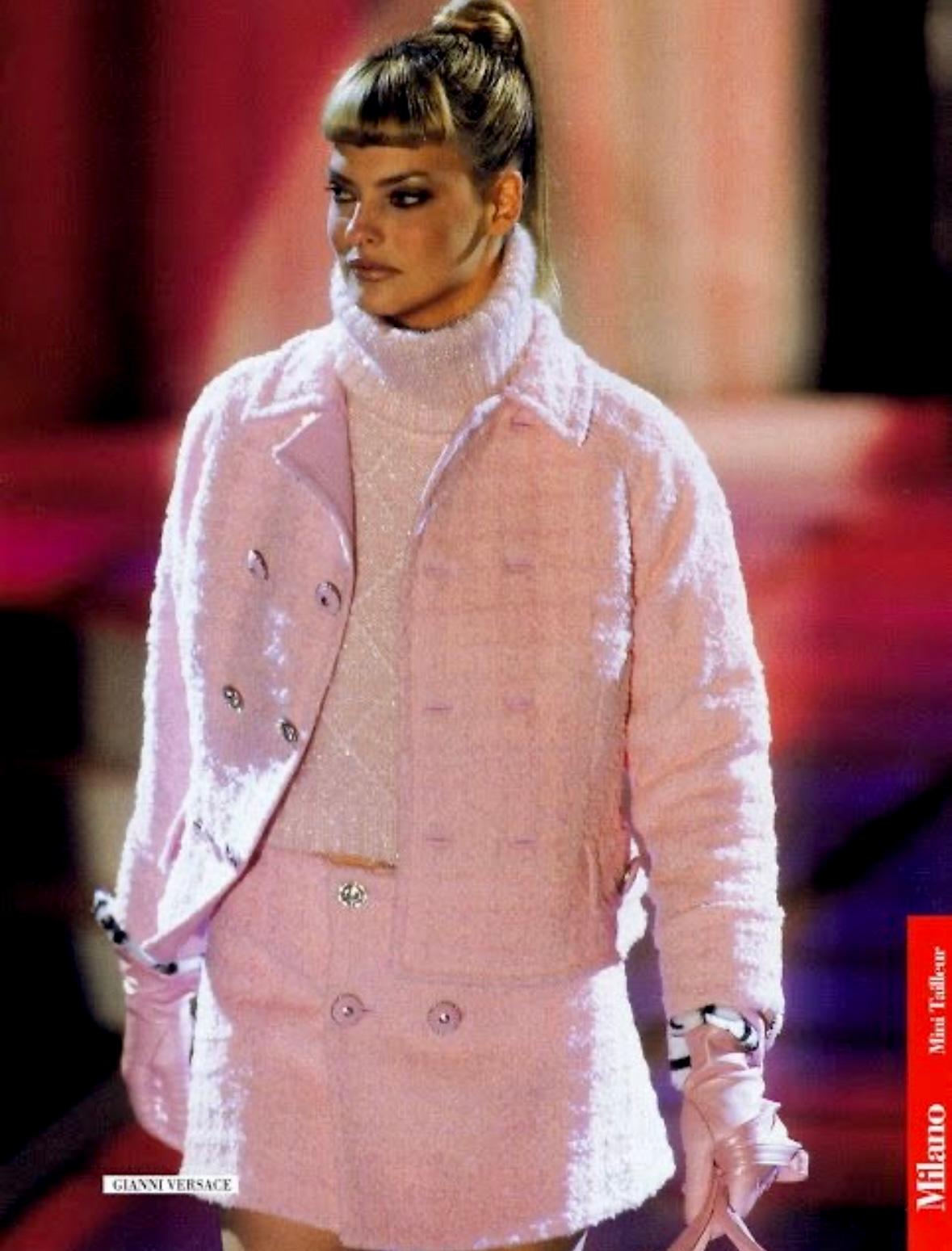 F/W 1994 Gianni Versace Runway Ad Pink Tweed Rhinestone Medusa Skirt Suit - RealList