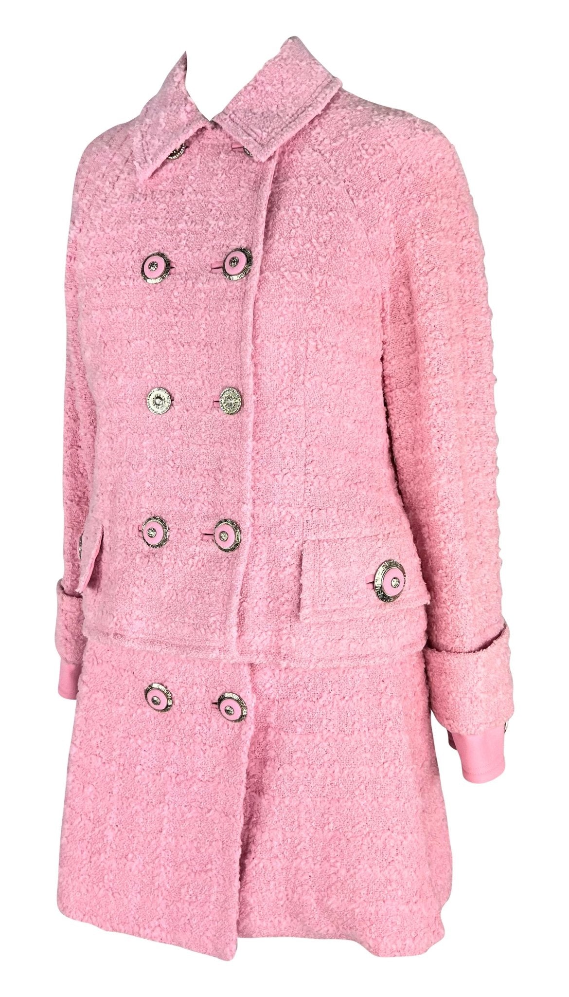 F/W 1994 Gianni Versace Runway Ad Pink Tweed Rhinestone Medusa Skirt Suit - RealList