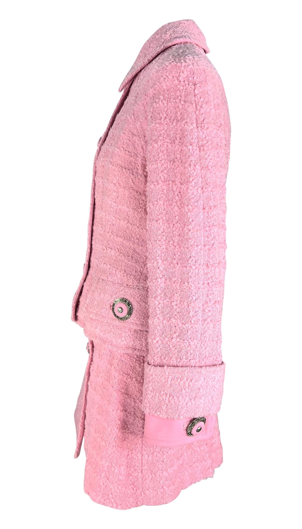 F/W 1994 Gianni Versace Runway Ad Pink Tweed Rhinestone Medusa Skirt Suit - RealList