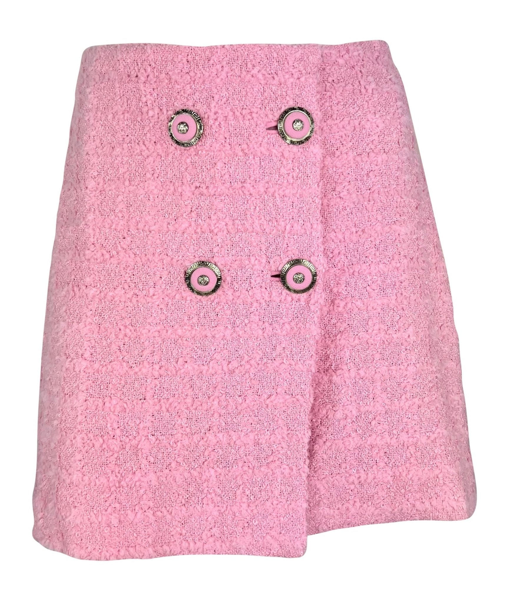 F/W 1994 Gianni Versace Runway Ad Pink Tweed Rhinestone Medusa Skirt Suit - RealList