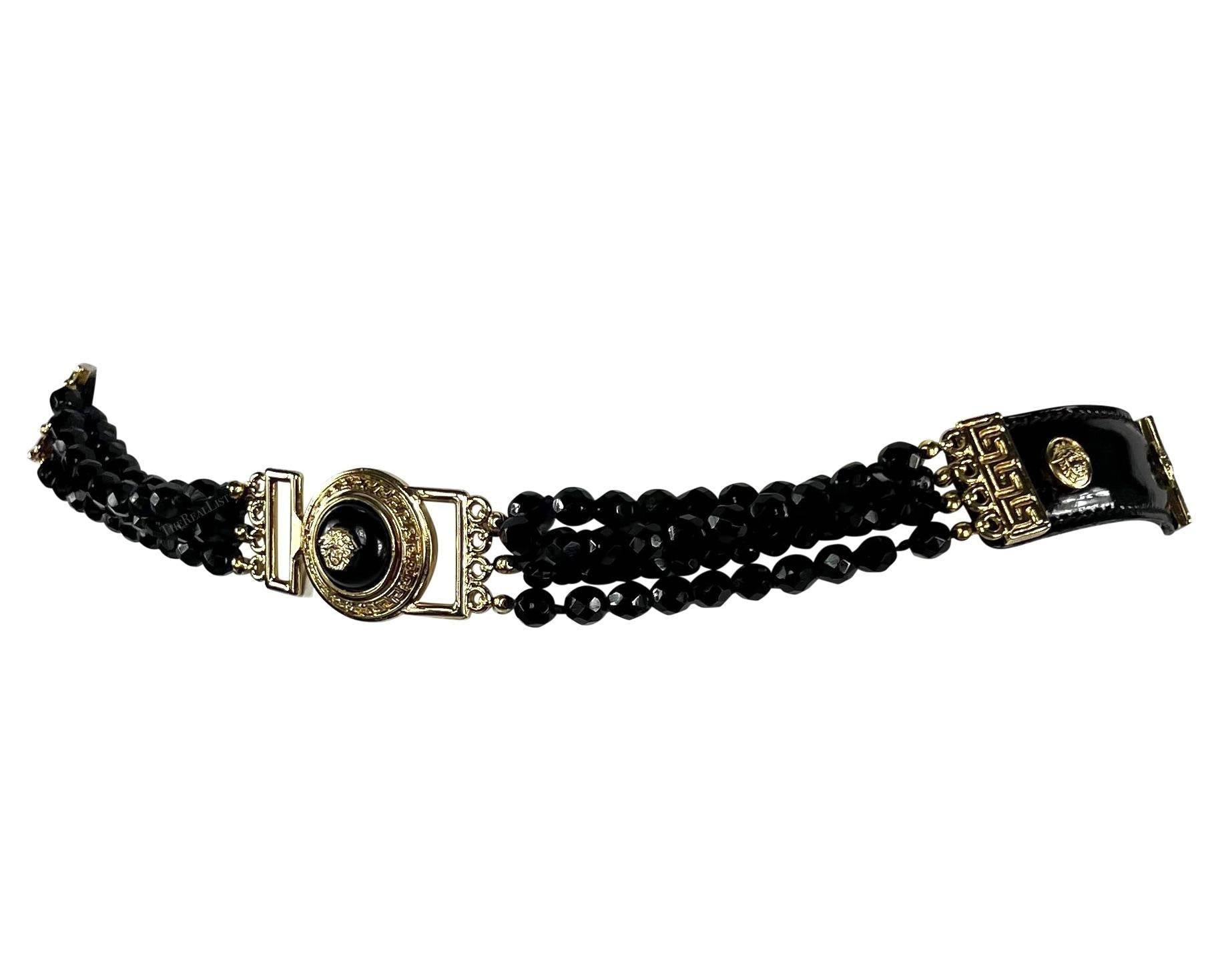 F/W 1994 Gianni Versace Runway Medusa Black Beaded Patent Leather Belt - RealList