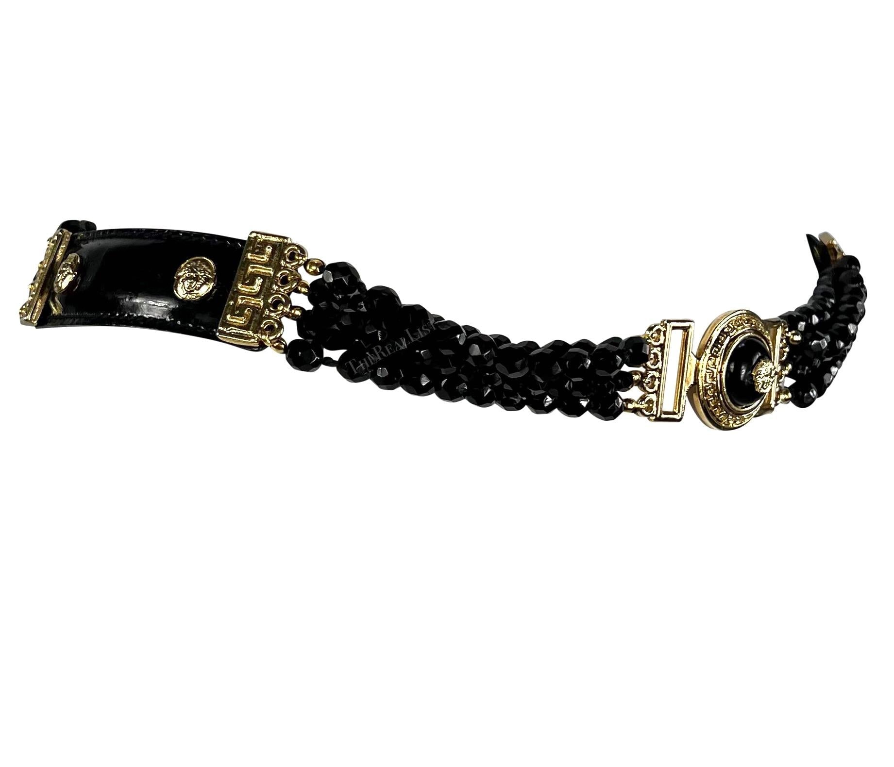 F/W 1994 Gianni Versace Runway Medusa Black Beaded Patent Leather Belt - RealList