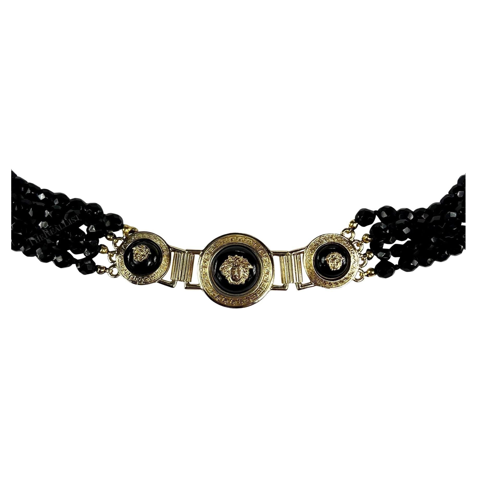 F/W 1994 Gianni Versace Runway Medusa Black Beaded Patent Leather Belt - RealList