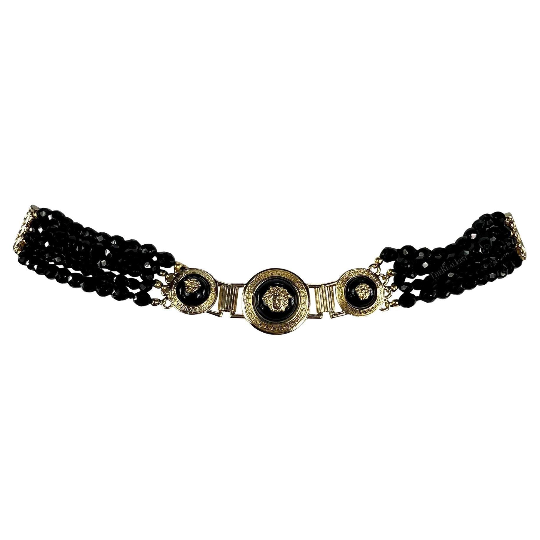 F/W 1994 Gianni Versace Runway Medusa Black Beaded Patent Leather Belt - RealList