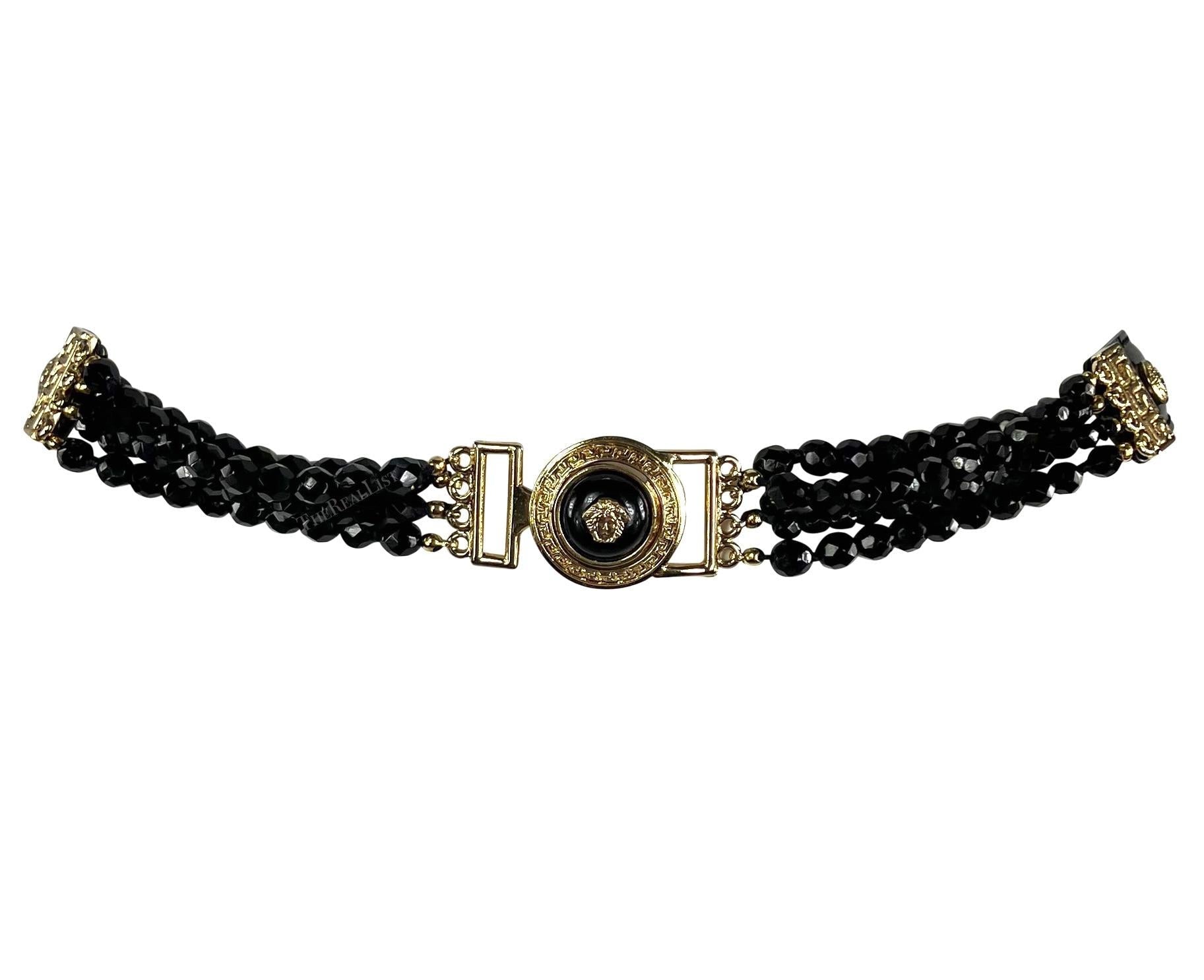 F/W 1994 Gianni Versace Runway Medusa Black Beaded Patent Leather Belt - RealList