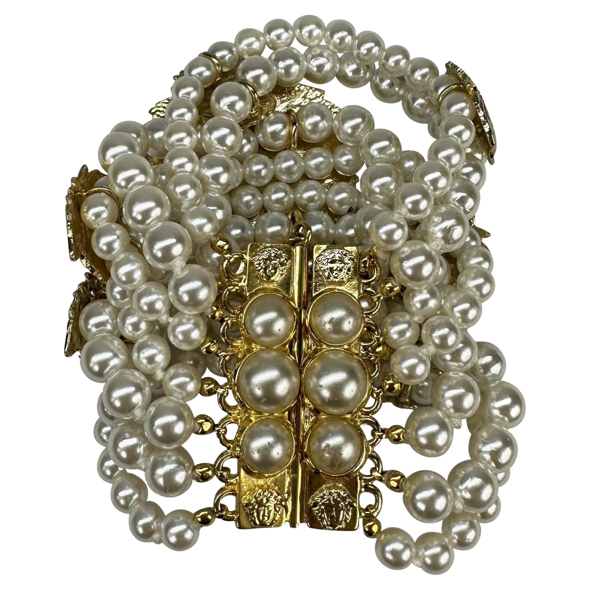 F/W 1994 Gianni Versace Runway Medusa Costume Pearl Gold Bracelet - RealList