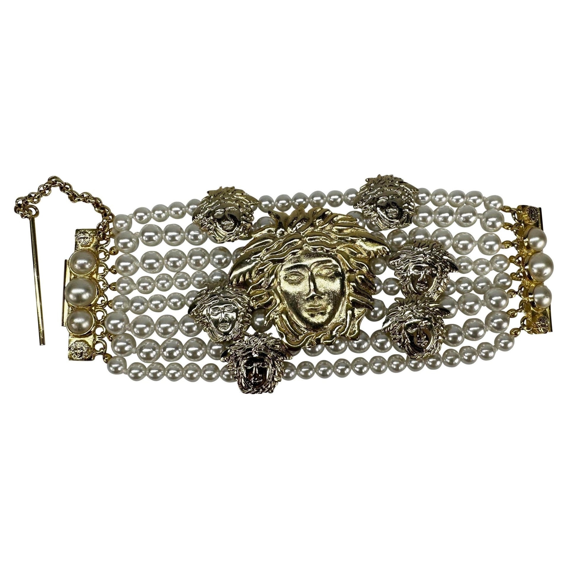 F/W 1994 Gianni Versace Runway Medusa Costume Pearl Gold Bracelet - RealList
