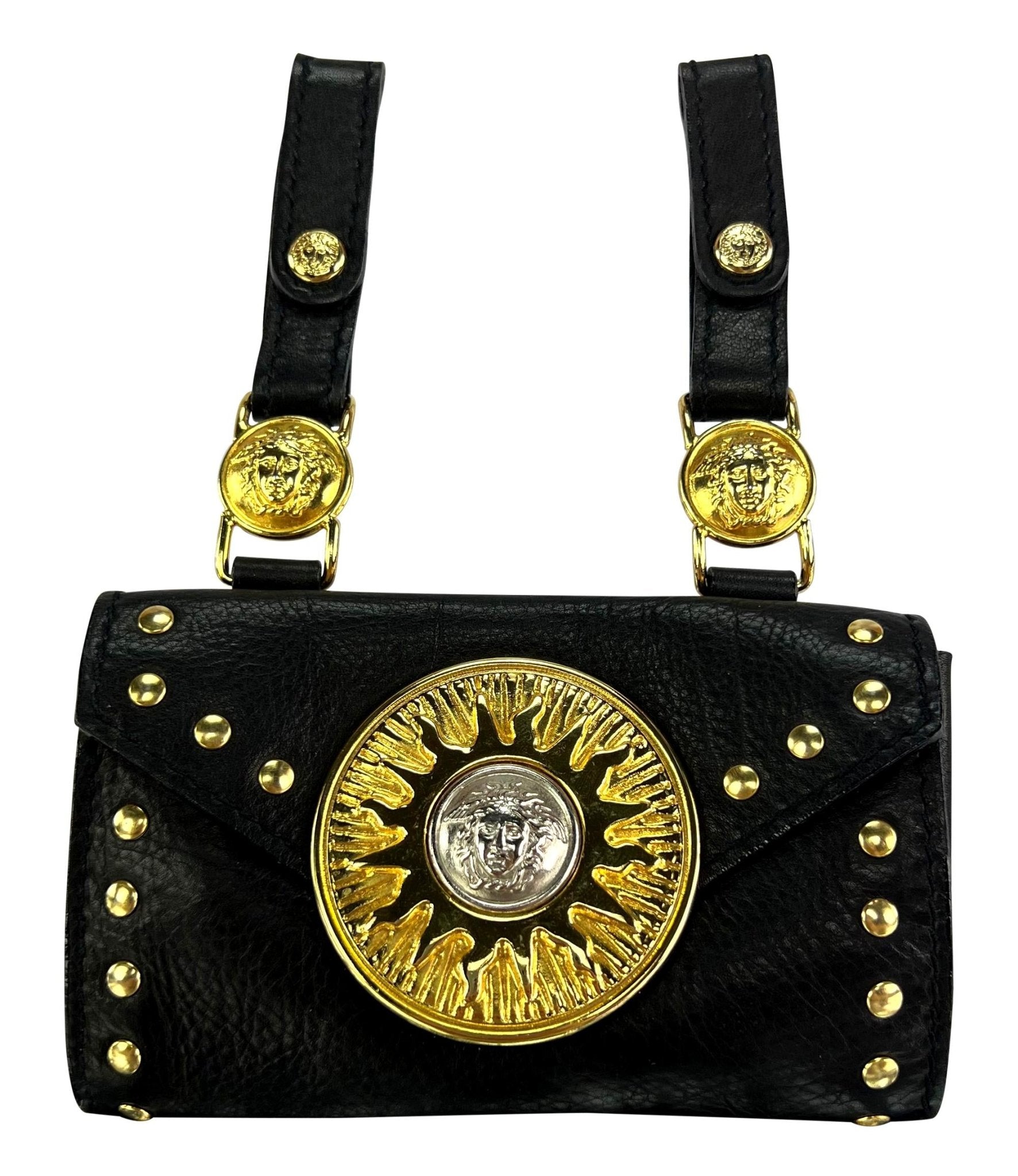 F/W 1994 Gianni Versace Studded Leather Silver Medusa Medallion Mini Belt Bag - RealList
