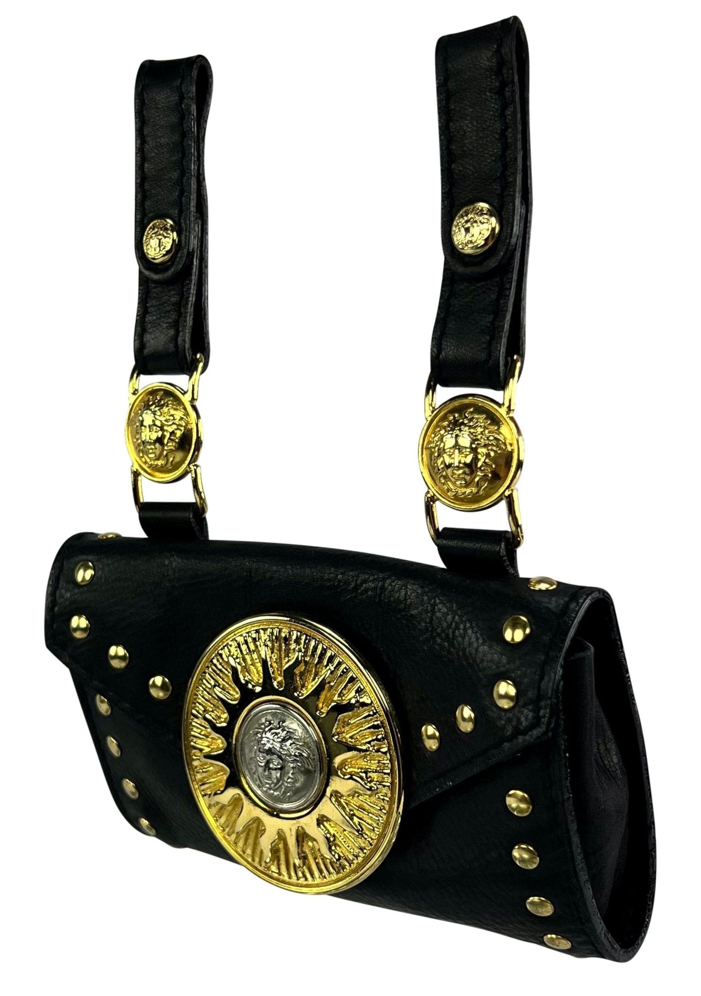 F/W 1994 Gianni Versace Studded Leather Silver Medusa Medallion Mini Belt Bag - RealList