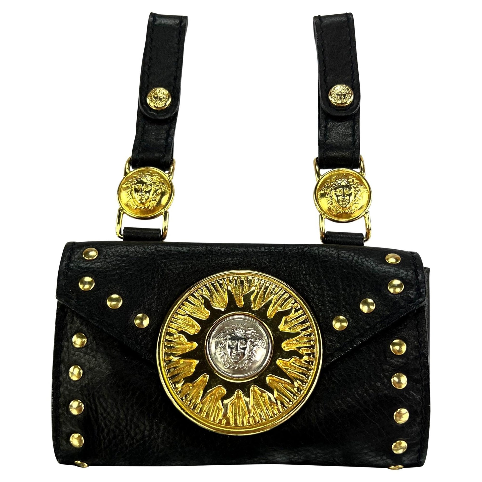 F/W 1994 Gianni Versace Studded Leather Silver Medusa Medallion Mini Belt Bag - RealList