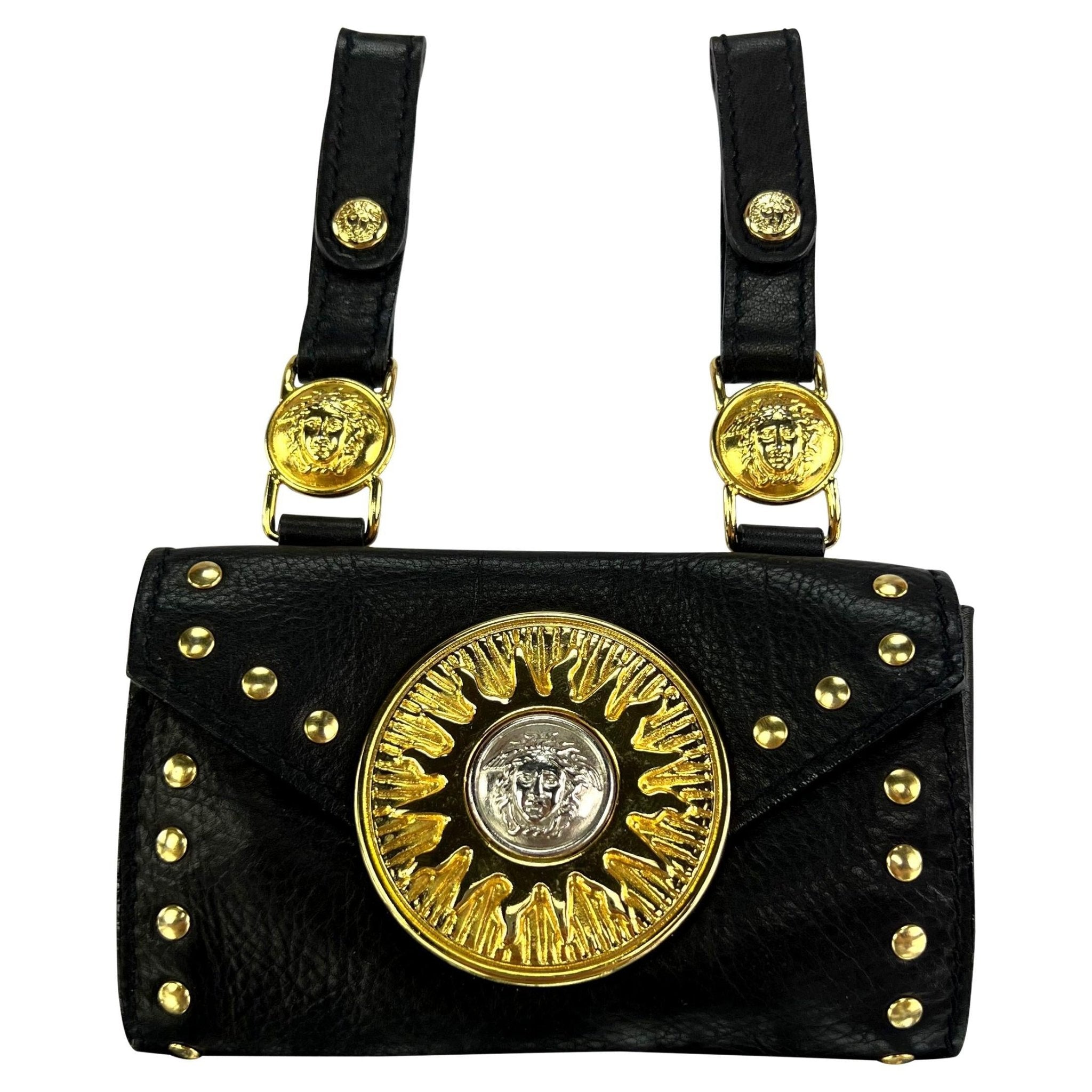 F/W 1994 Gianni Versace Studded Leather Silver Medusa Medallion Mini Belt Bag - RealList