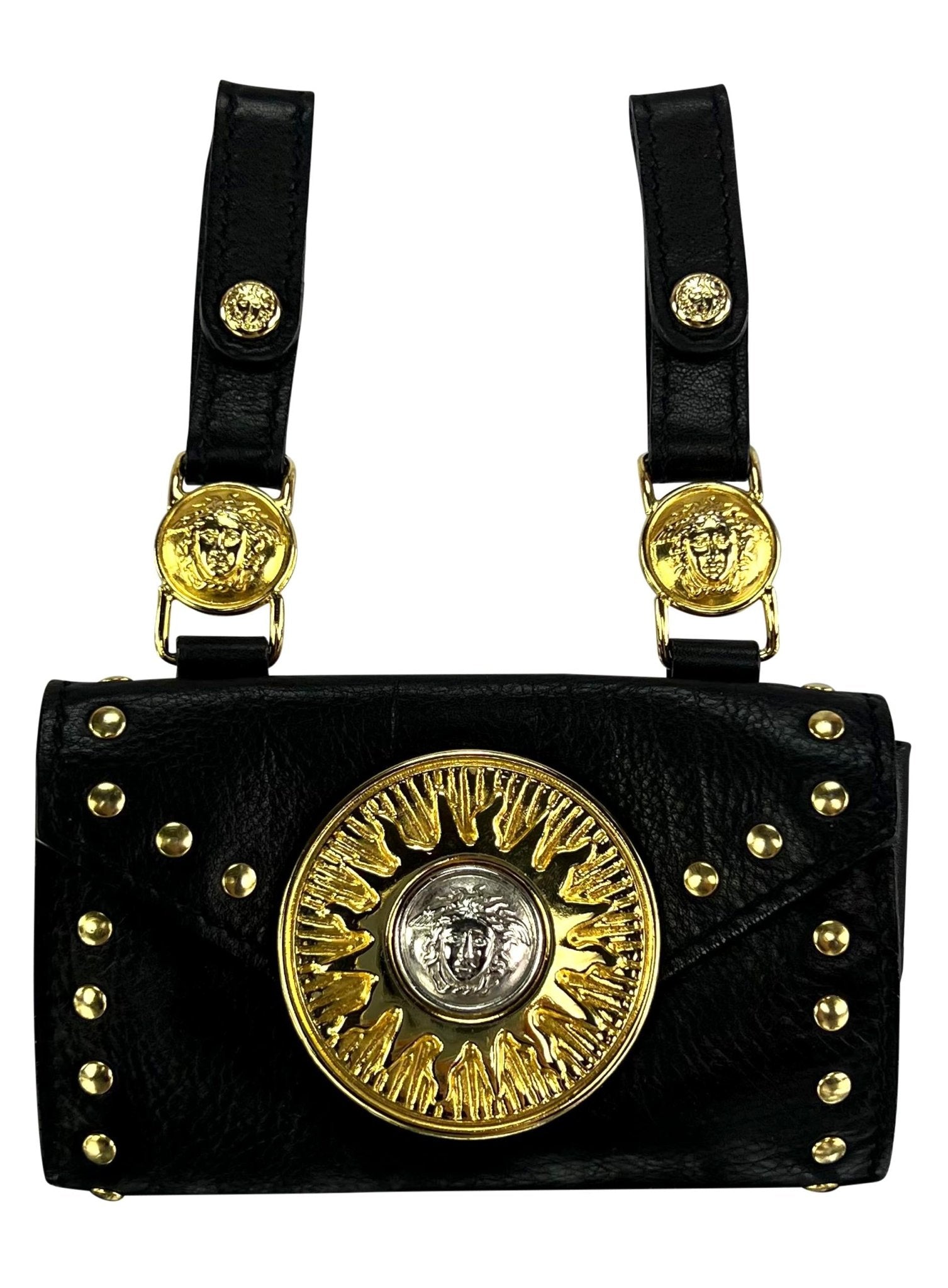 F/W 1994 Gianni Versace Studded Leather Silver Medusa Medallion Mini Belt Bag - RealList