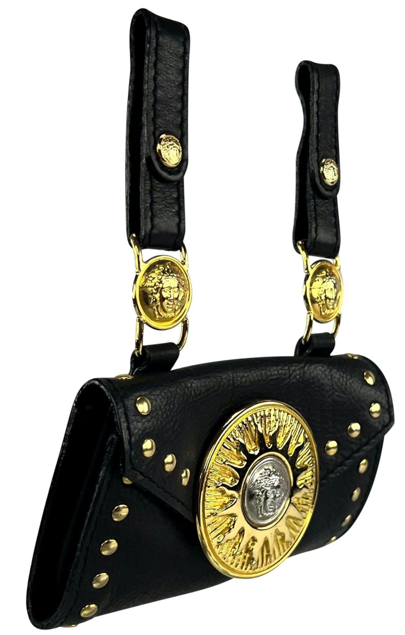 F/W 1994 Gianni Versace Studded Leather Silver Medusa Medallion Mini Belt Bag - RealList