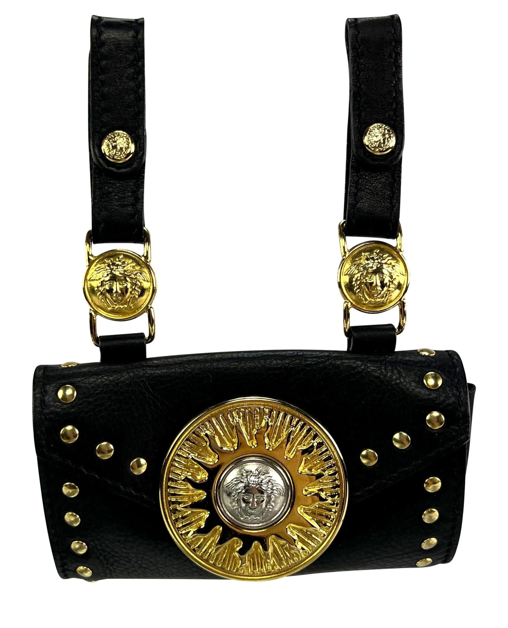 F/W 1994 Gianni Versace Studded Leather Silver Medusa Medallion Mini Belt Bag - RealList