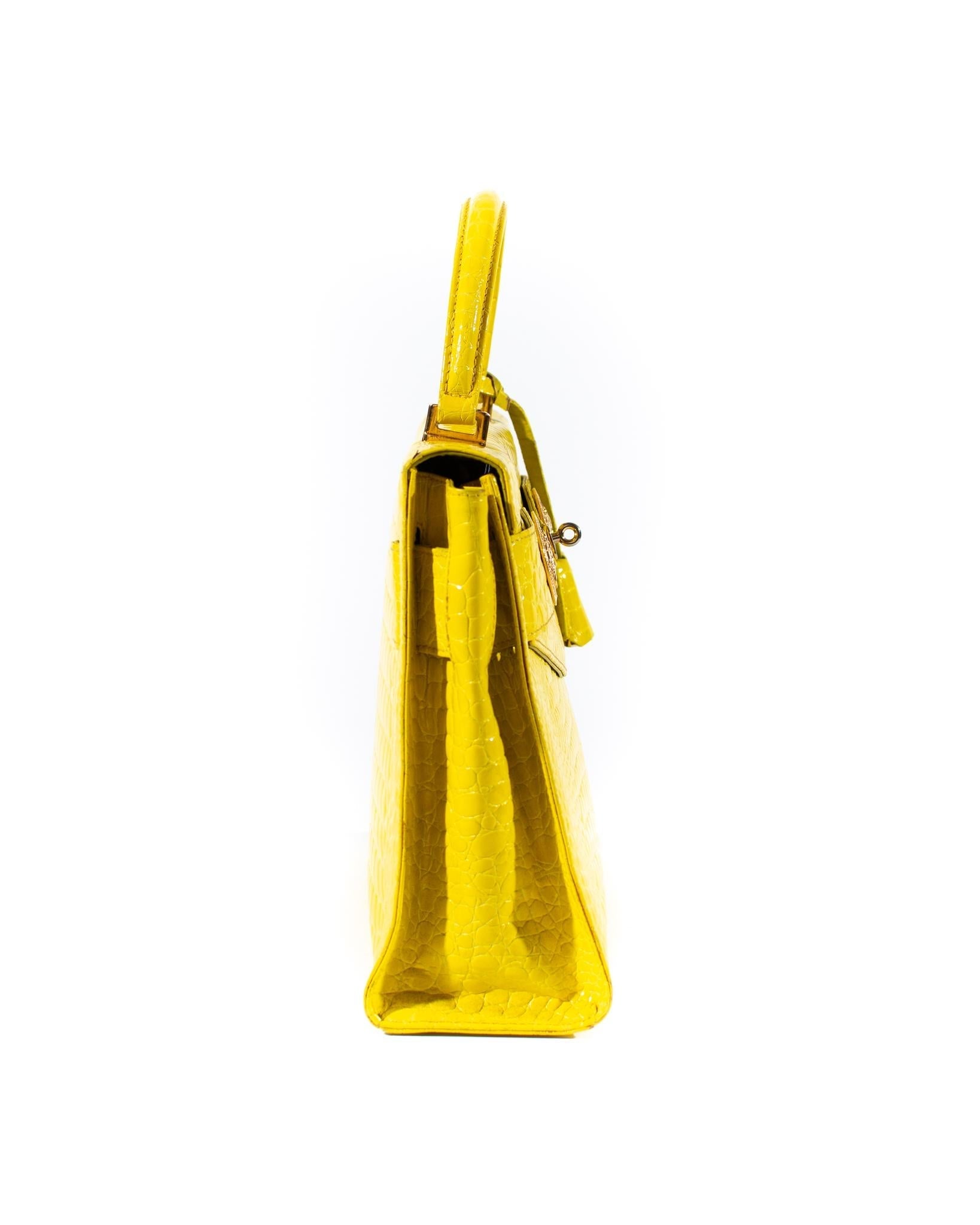 F/W 1994 Gianni Versace Yellow Crocodile Embossed Patent Kelly Style 'Diana' Bag - RealList