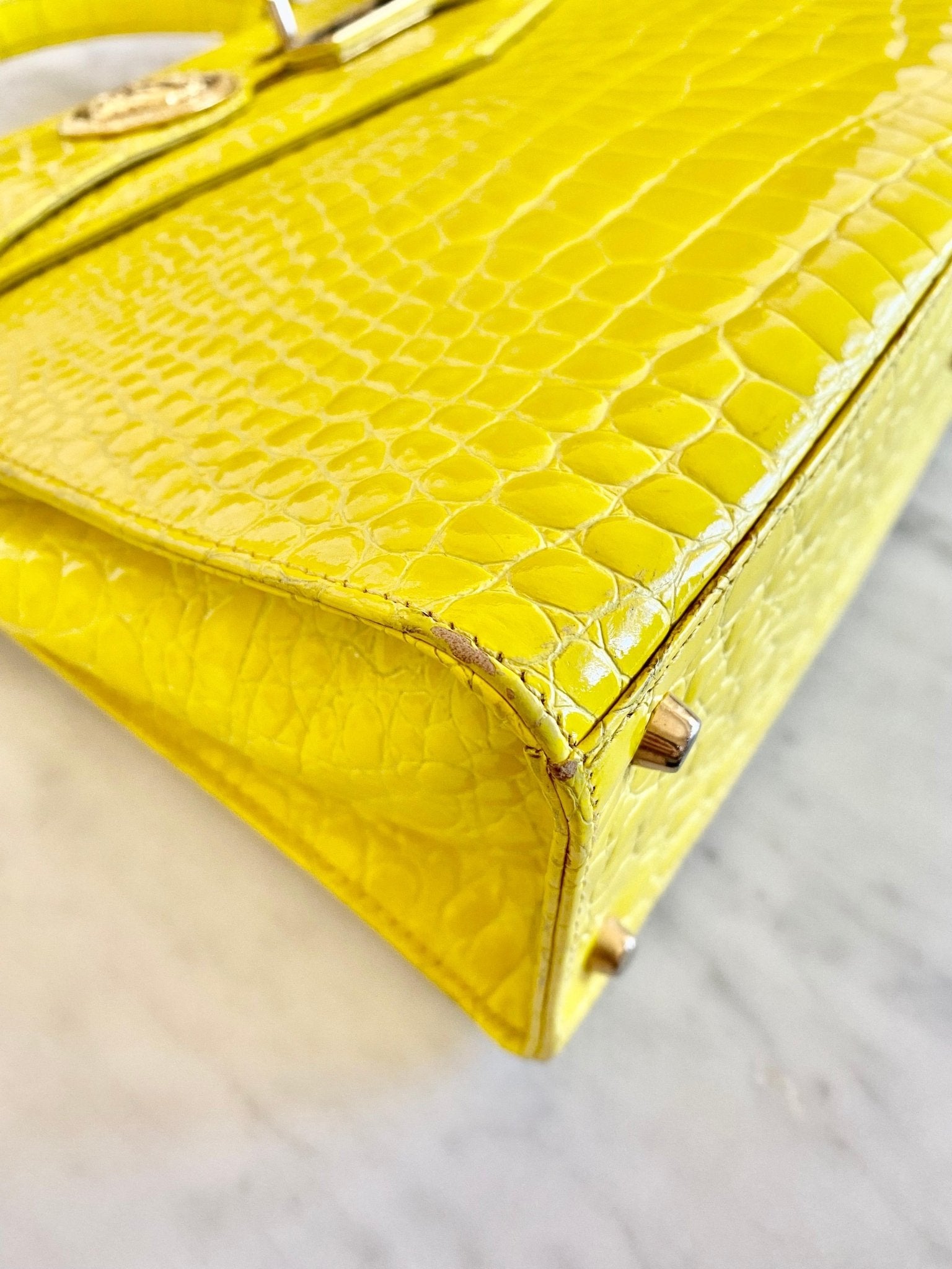 F/W 1994 Gianni Versace Yellow Crocodile Embossed Patent Kelly Style 'Diana' Bag - RealList