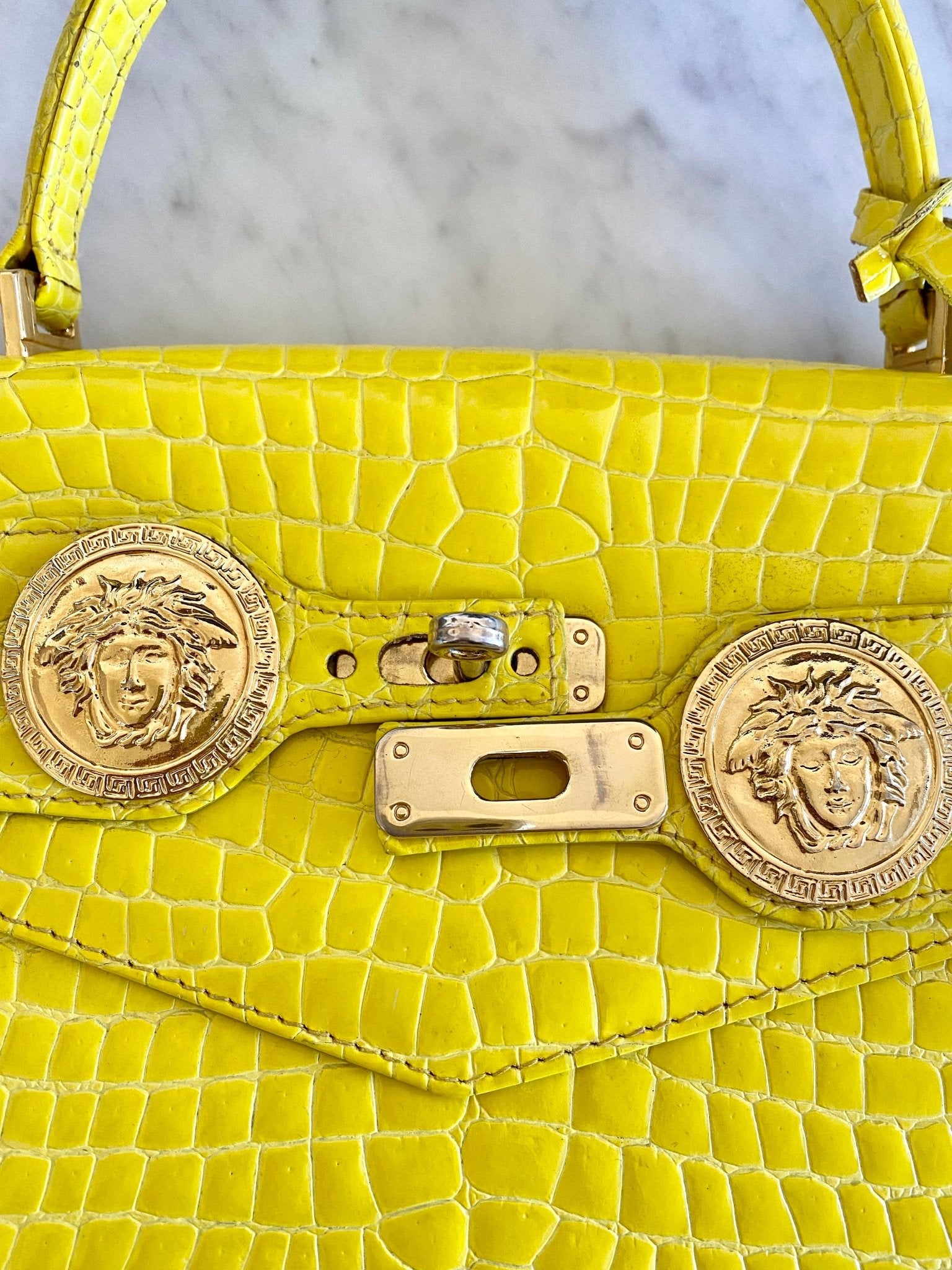 F/W 1994 Gianni Versace Yellow Crocodile Embossed Patent Kelly Style 'Diana' Bag - RealList