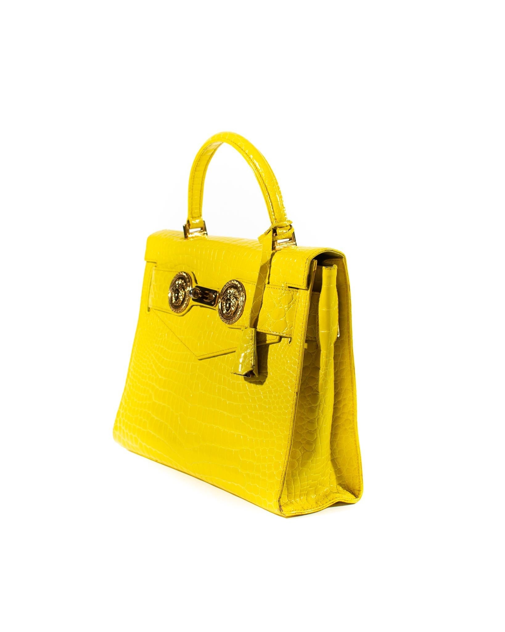 F/W 1994 Gianni Versace Yellow Crocodile Embossed Patent Kelly Style 'Diana' Bag - RealList