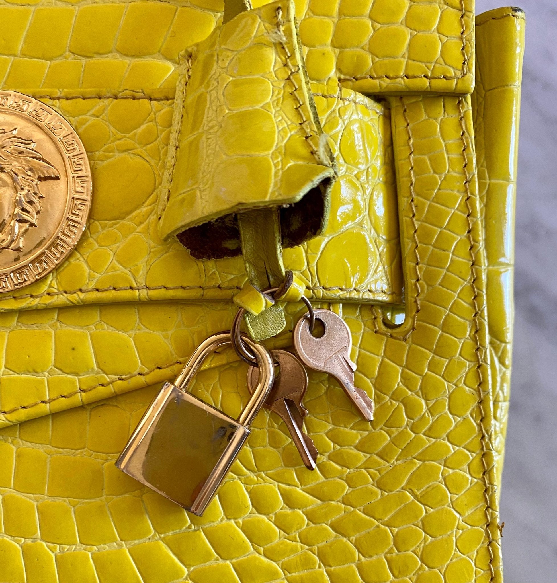 F/W 1994 Gianni Versace Yellow Crocodile Embossed Patent Kelly Style 'Diana' Bag - RealList