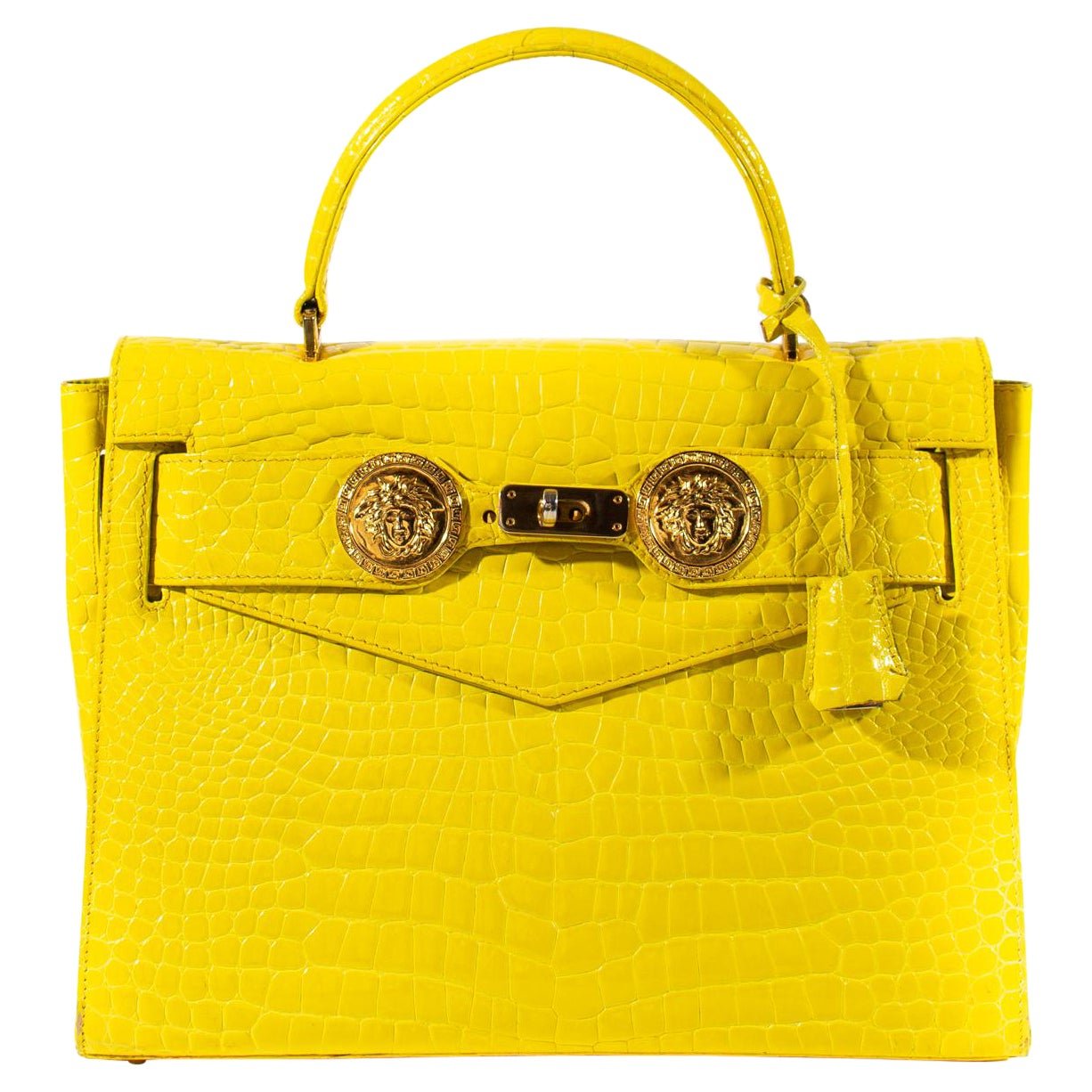 F/W 1994 Gianni Versace Yellow Crocodile Embossed Patent Kelly Style 'Diana' Bag - RealList