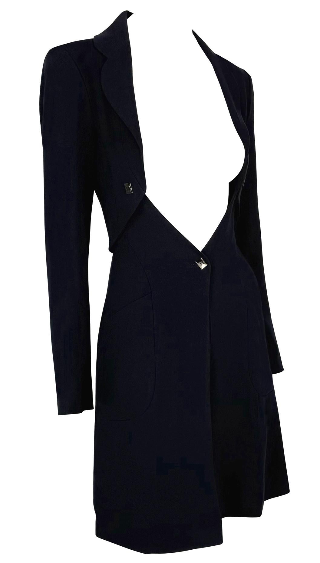 F/W 1994 Karl Lagerfeld Open - Front Plunging Navy Wool Coat Dress - RealList
