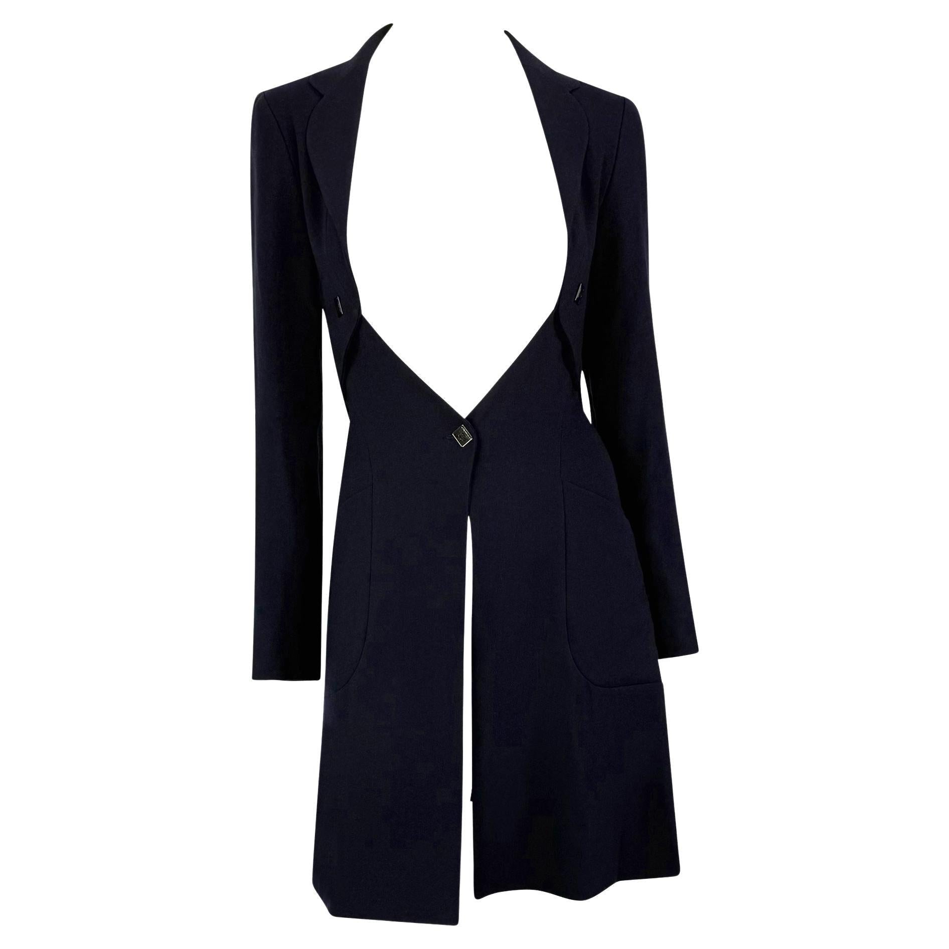F/W 1994 Karl Lagerfeld Open - Front Plunging Navy Wool Coat Dress - RealList