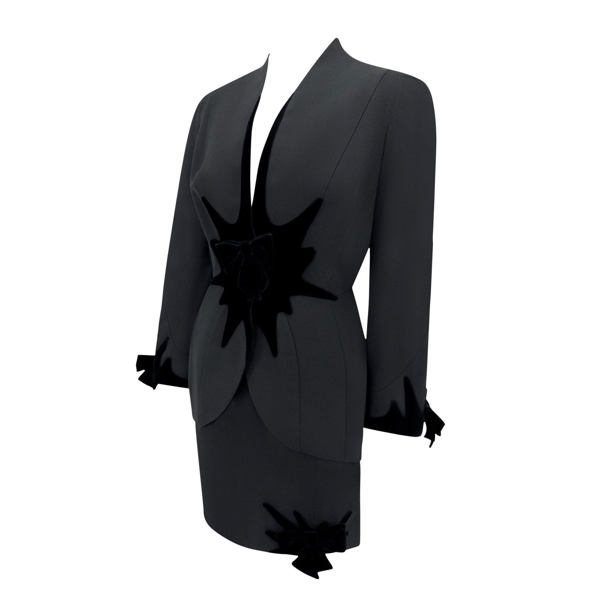 F/W 1994 Thierry Mugler Runway Documented Abstract Velvet Bow Skirt Suit - RealList