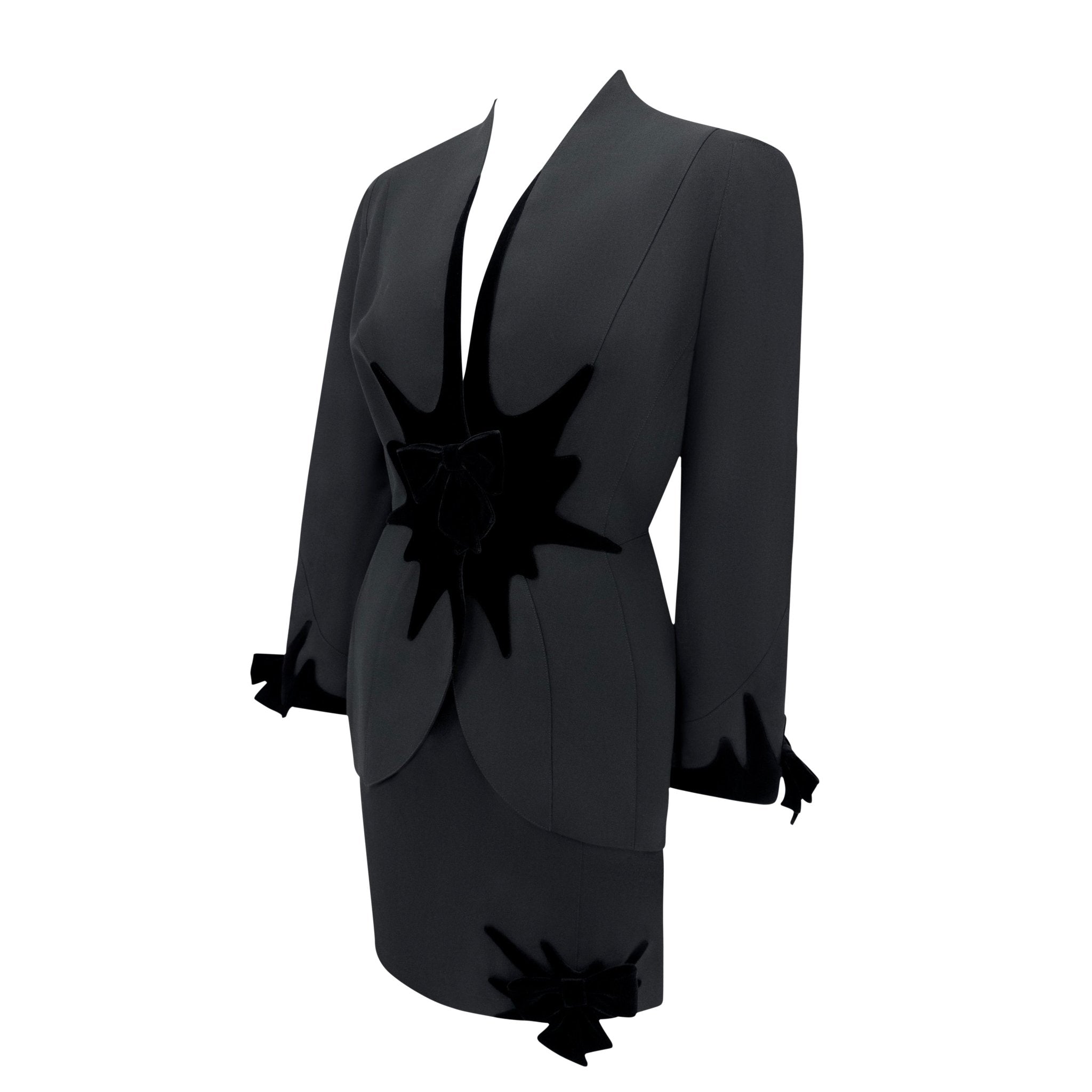 F/W 1994 Thierry Mugler Runway Documented Abstract Velvet Bow Skirt Suit - RealList