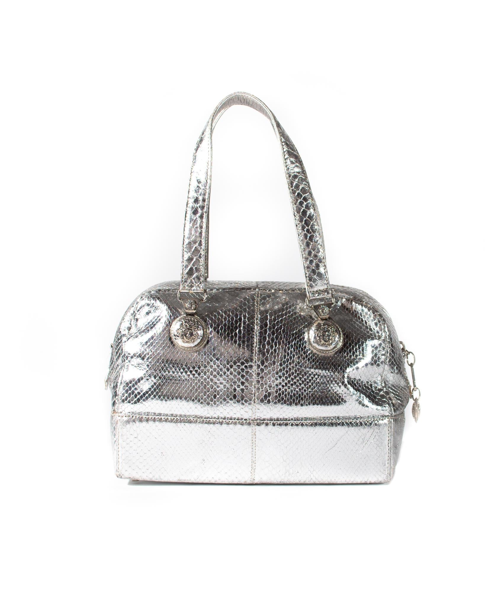 F/W 1994 Vintage Gianni Versace Silver Metallic Python Medusa Shoulder Bag - RealList