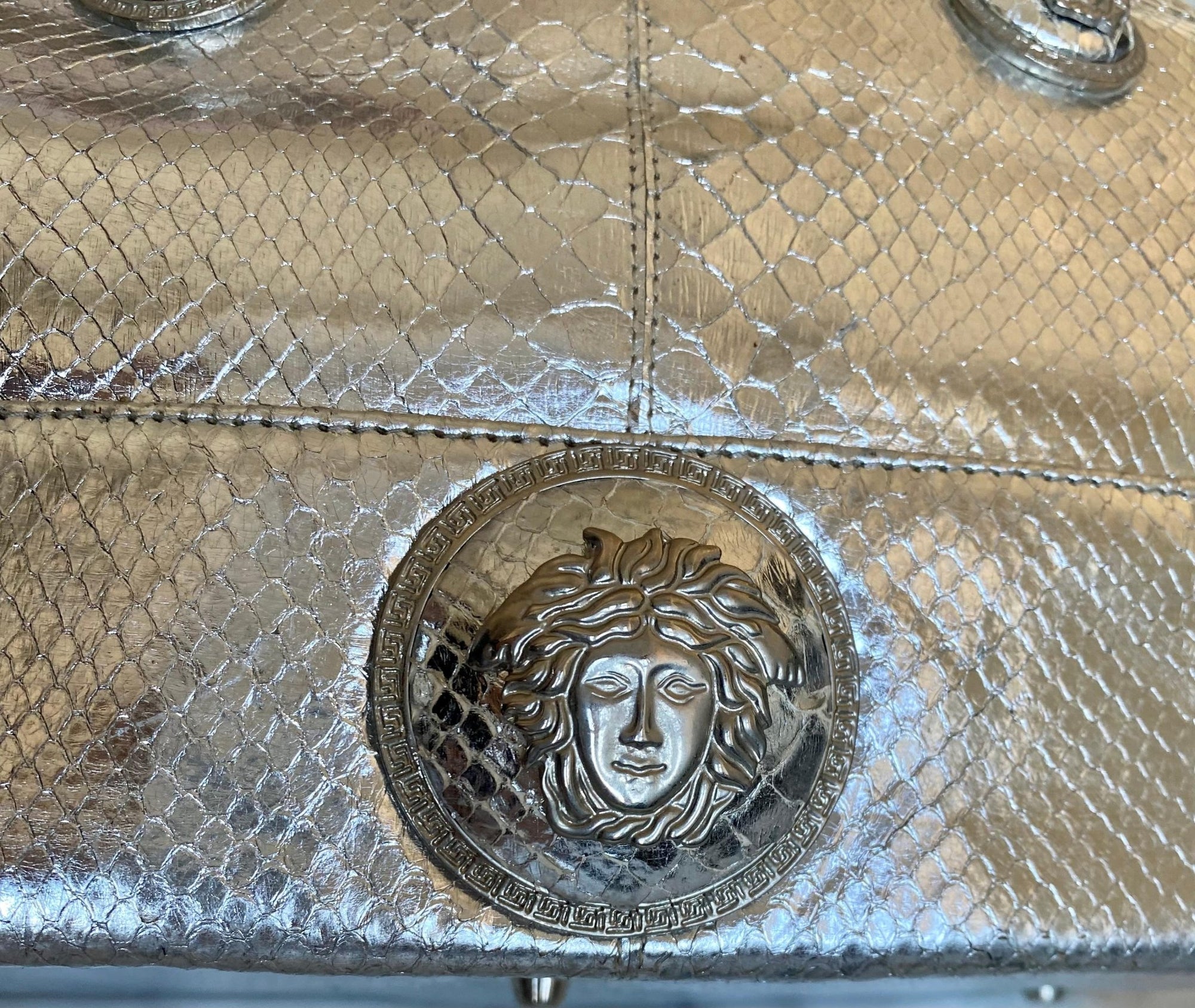 F/W 1994 Vintage Gianni Versace Silver Metallic Python Medusa Shoulder Bag - RealList