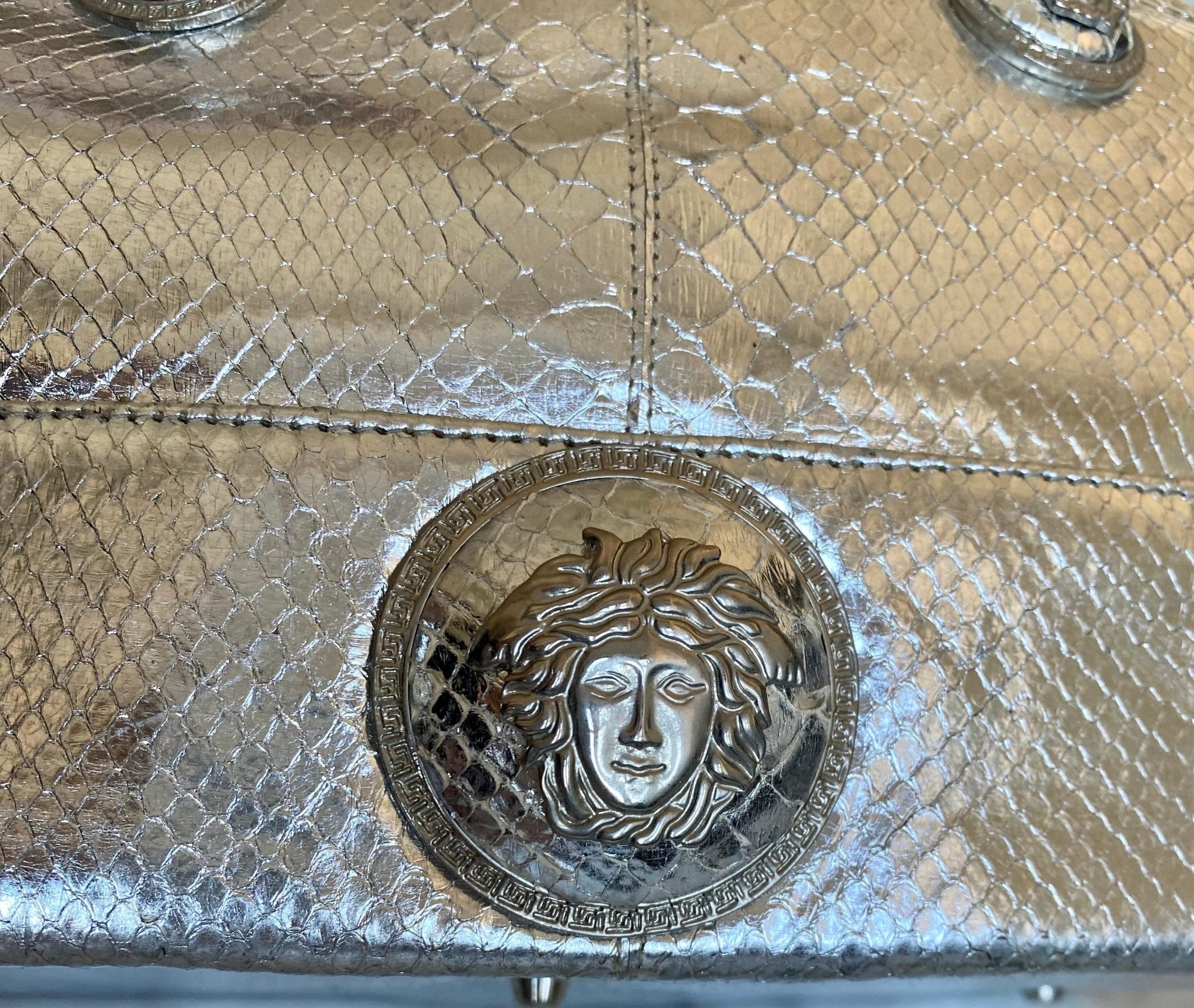 F/W 1994 Vintage Gianni Versace Silver Metallic Python Medusa Shoulder Bag - RealList