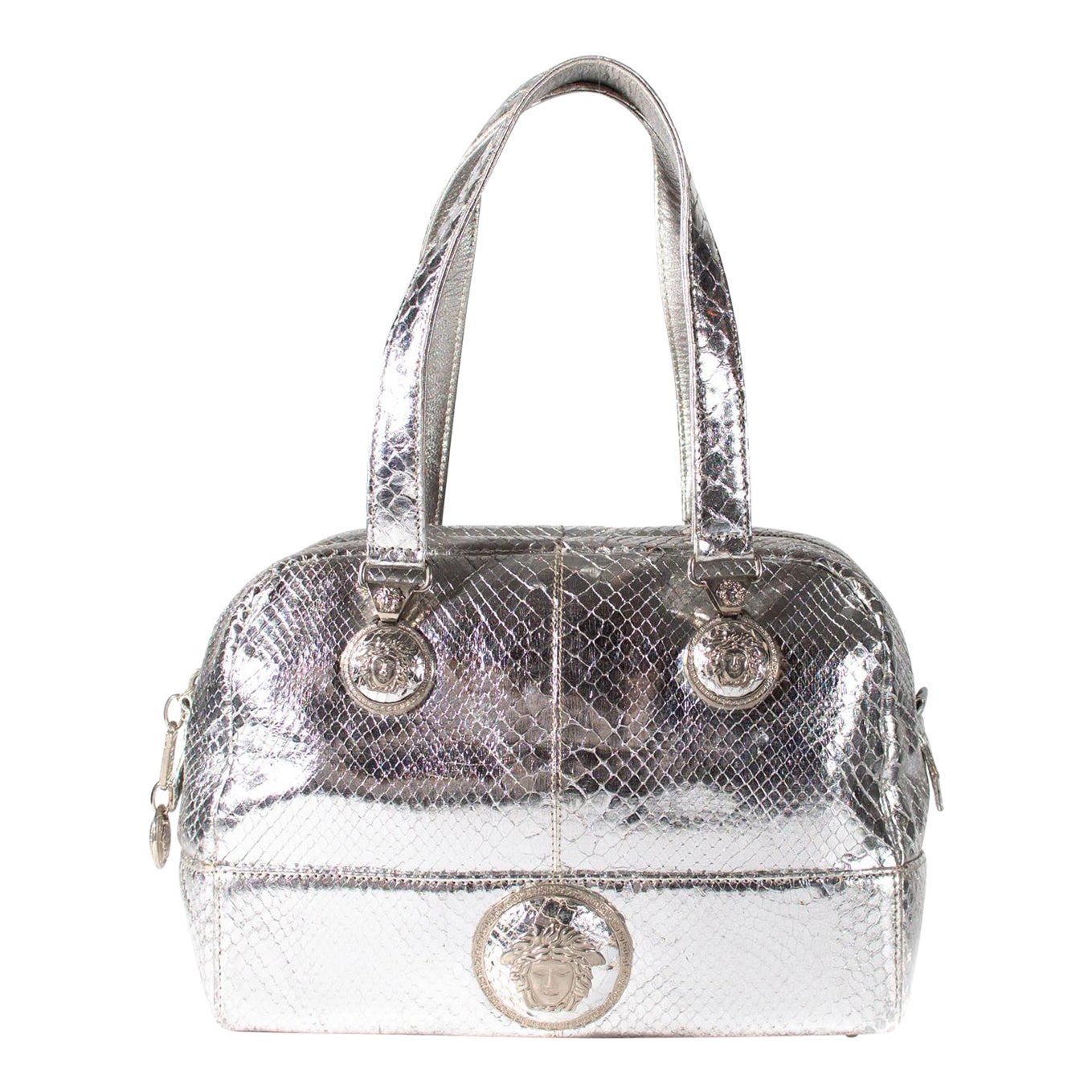 F/W 1994 Vintage Gianni Versace Silver Metallic Python Medusa Shoulder Bag - RealList