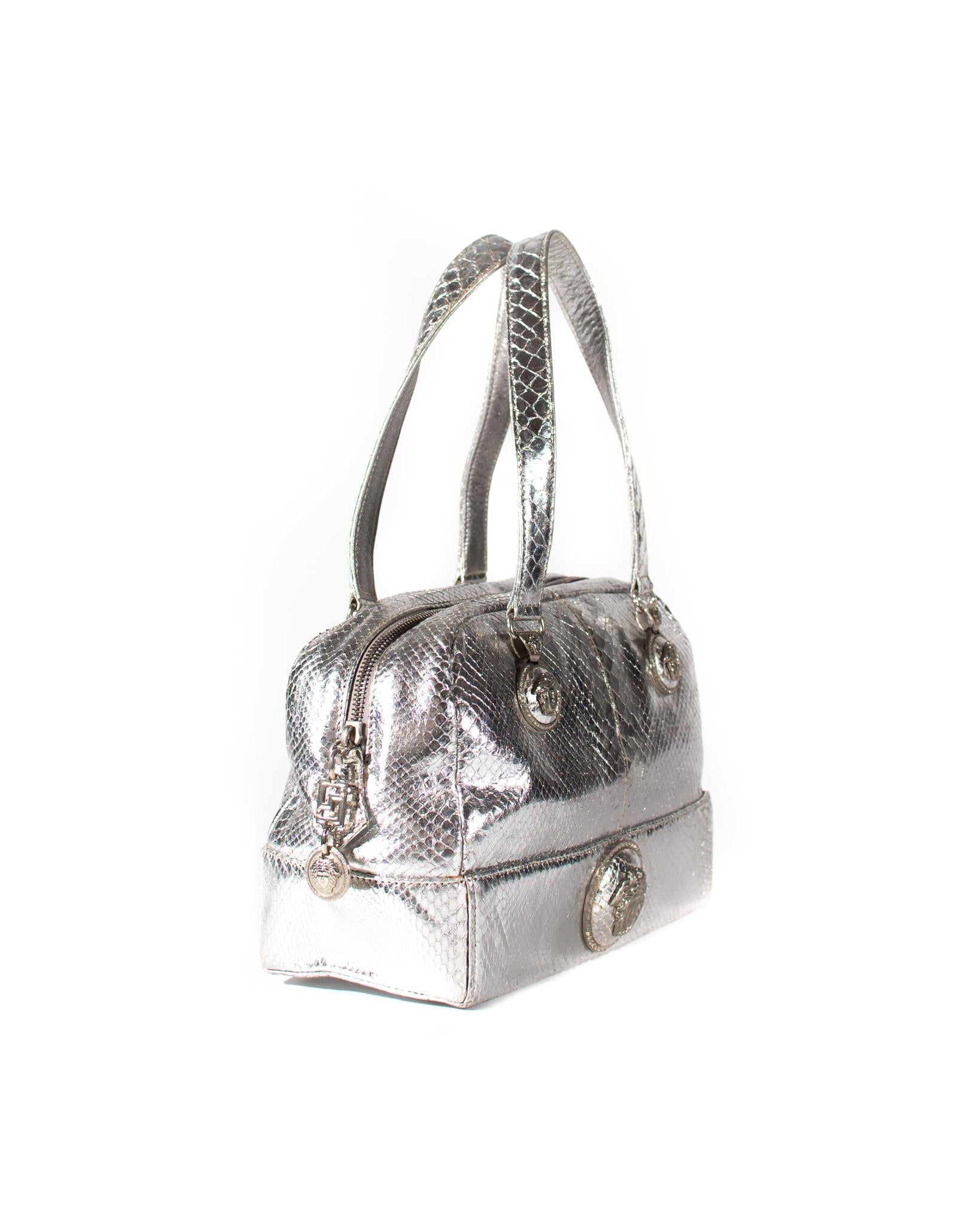 F/W 1994 Vintage Gianni Versace Silver Metallic Python Medusa Shoulder Bag - RealList