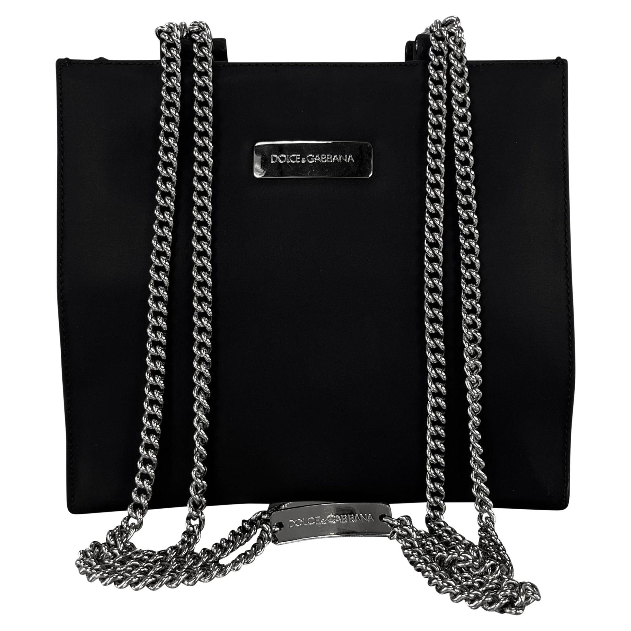 F/W 1995 Dolce & Gabbana Runway ID Bar Logo Chain Black Nylon Shoulder Bag - RealList