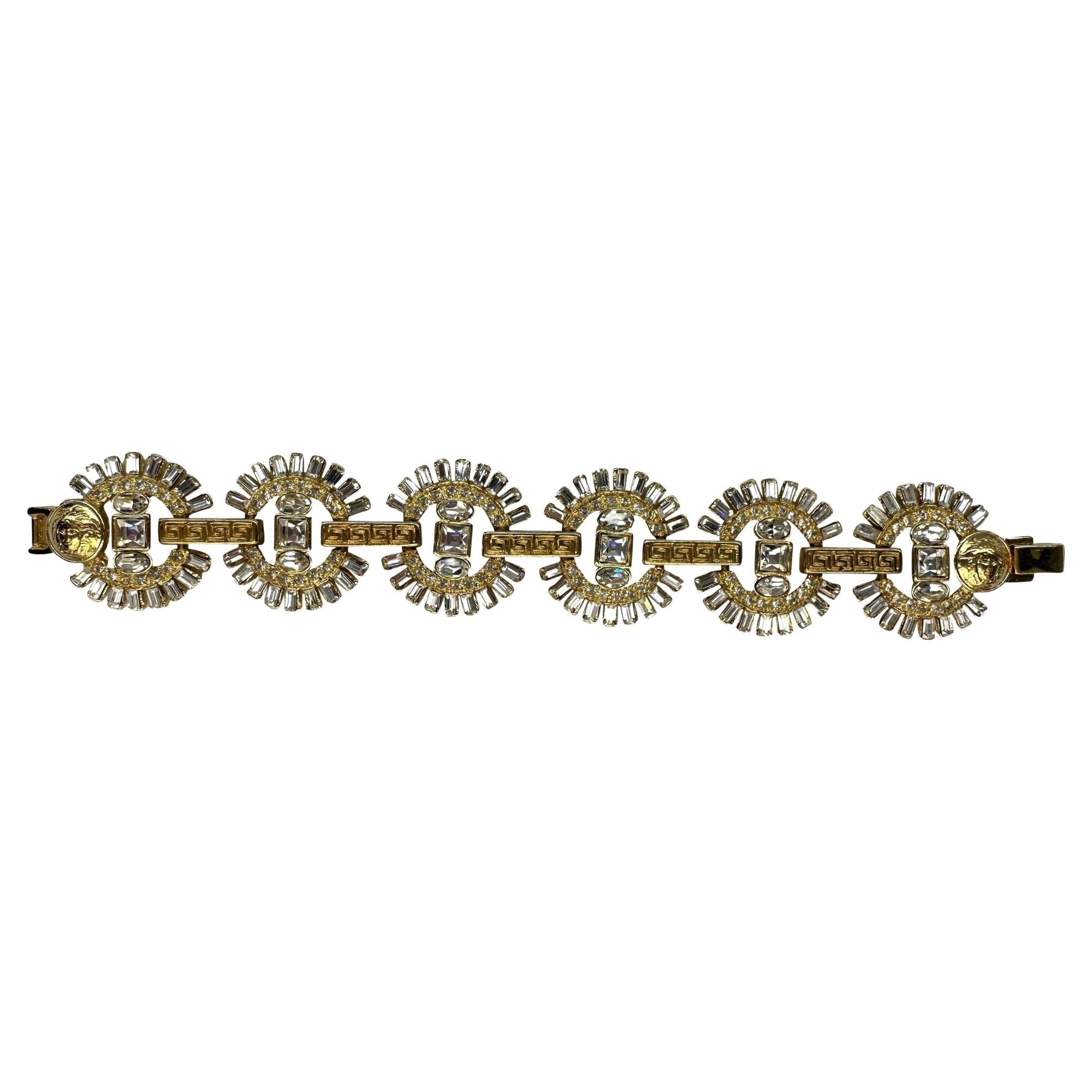 F/W 1995 Gianni Versace Ad Gold Tone Greek Key Link Rhinestone Bracelet - RealList