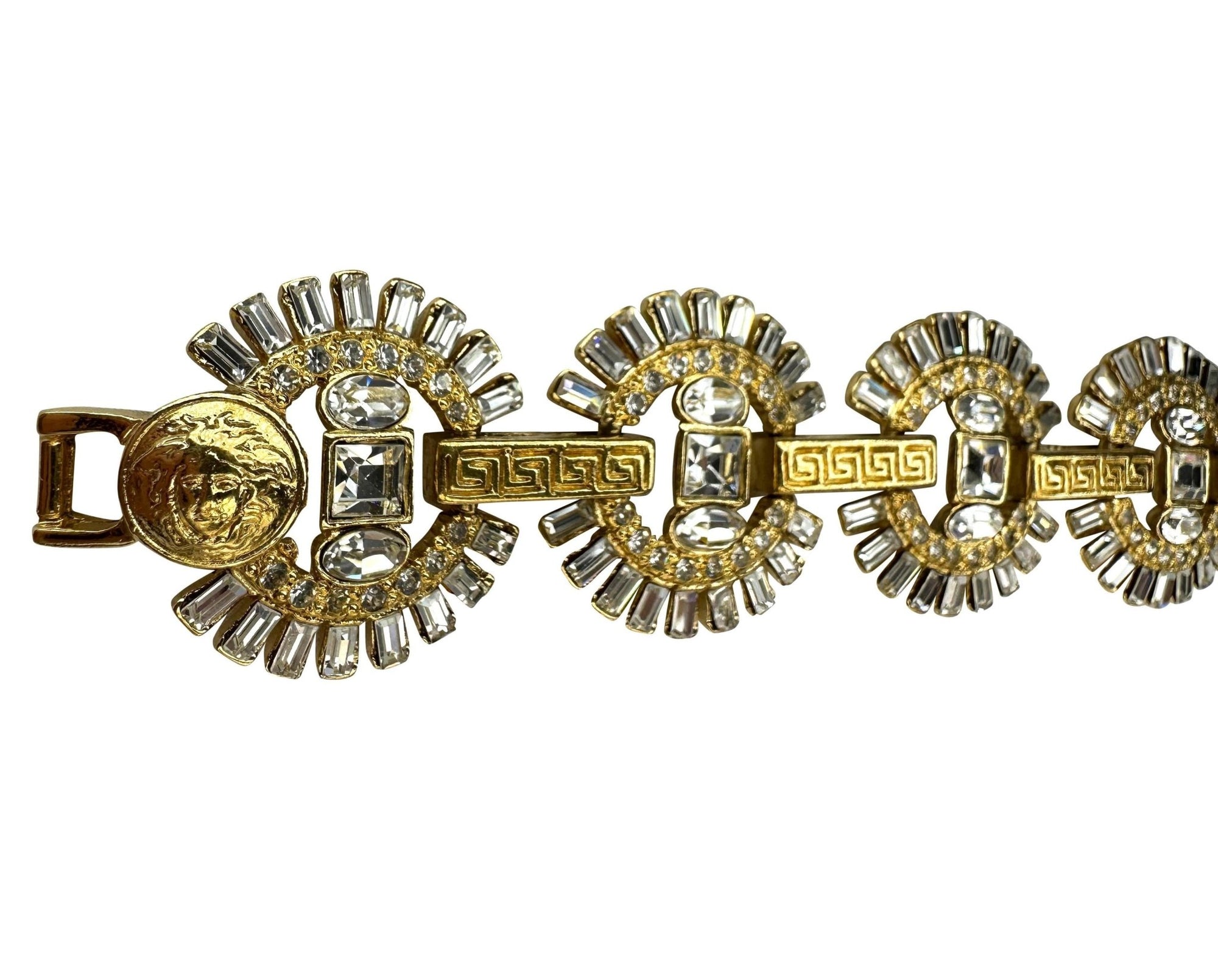 F/W 1995 Gianni Versace Ad Gold Tone Greek Key Link Rhinestone Bracelet - RealList